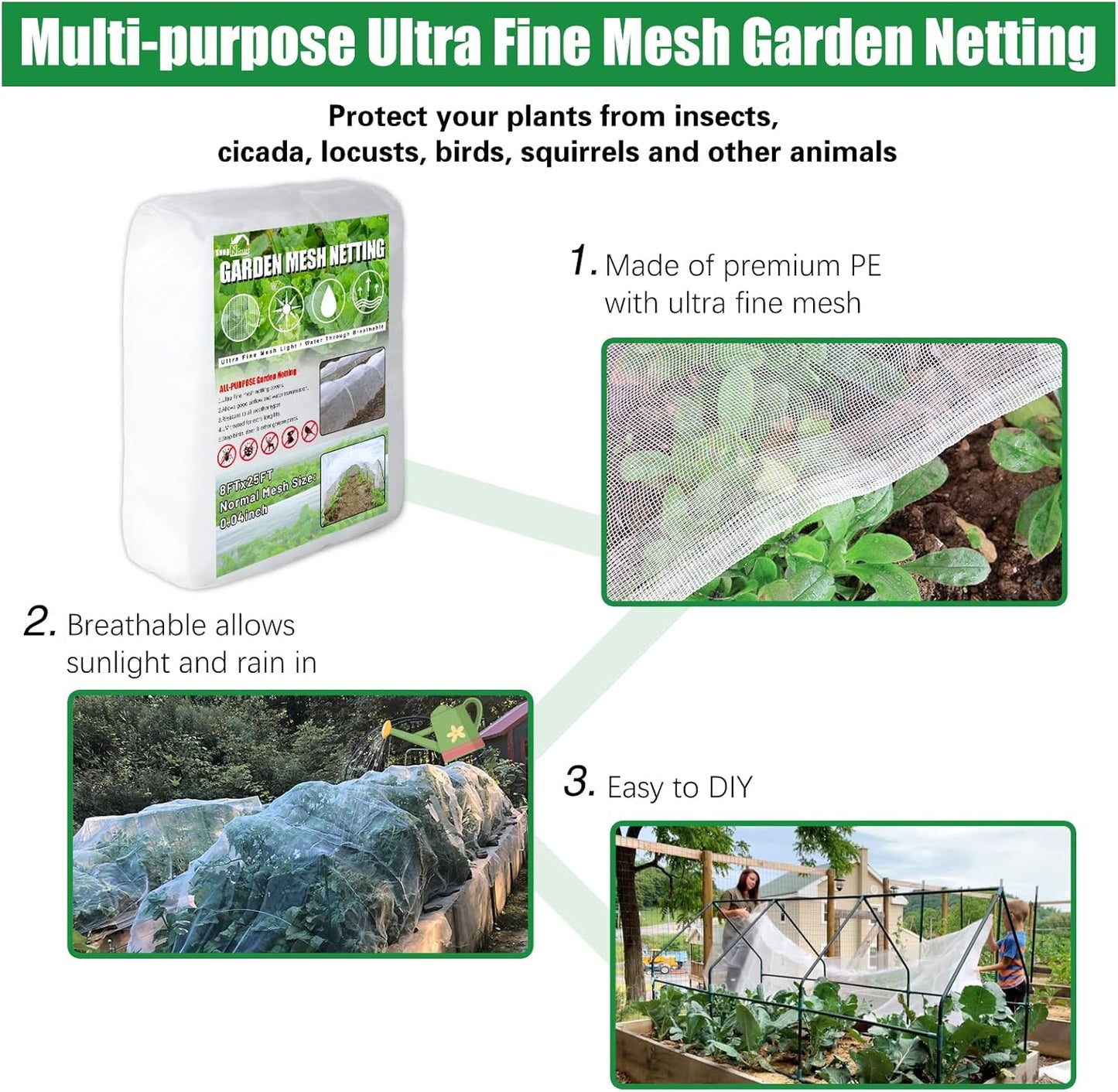 SnugNiture 3 Pack Garden Netting 8x25FT Ultra Fine Mesh Mosquito Netting Plant Covers, White Bird Netting Barrier Greenhouse Row Cover Protect Fruits Flower Vegetables from Birds Deer & Squirrels