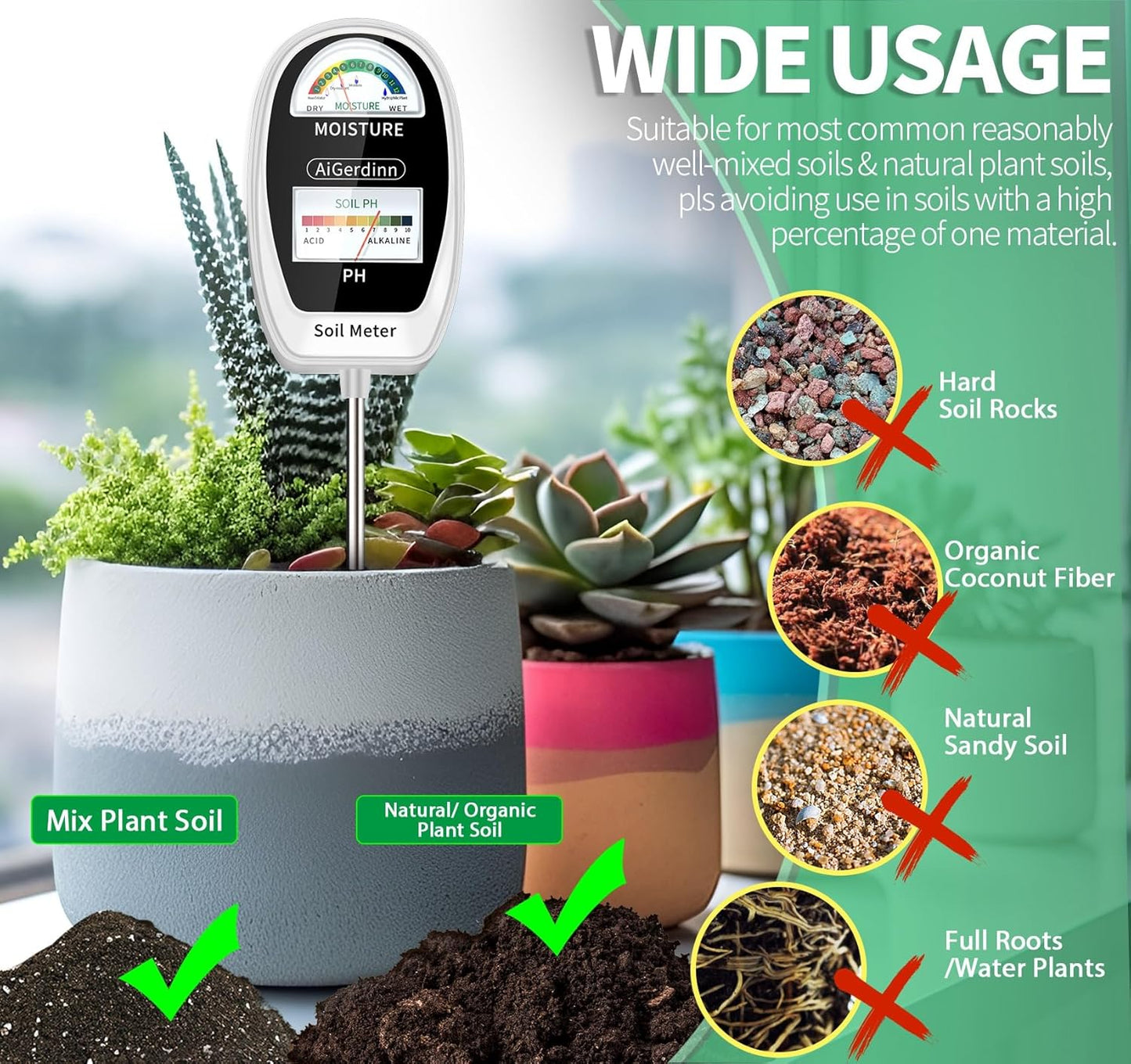 Soil Test Kit, 2-in-1 Soil Moisture Meter, Soil pH Meter -Dual Dial-Simultaneously-Display Results-Soil pH Tester, Moisture Meter for Garden,Lawn,Farm Indoor&Outdoor Plants-PureWhite