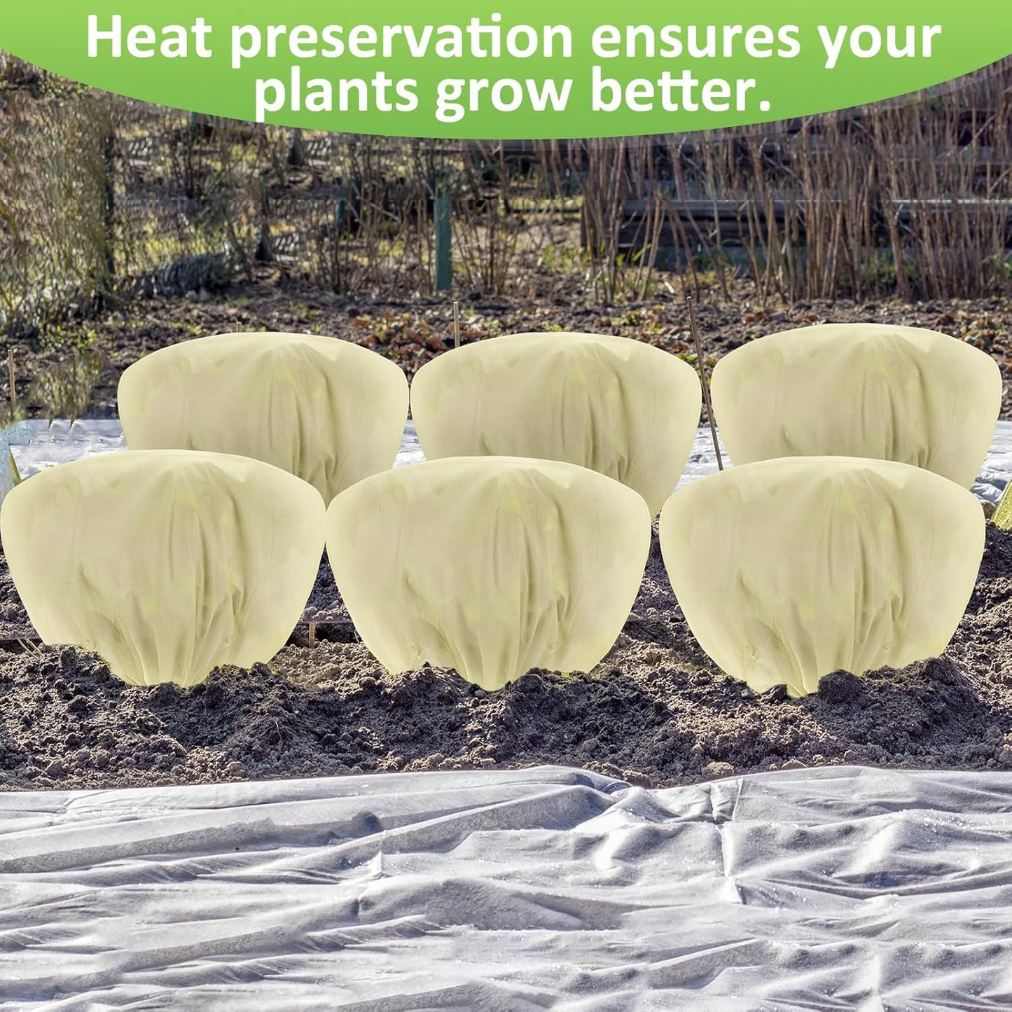 6 Pcs Winter Plant Covers Freeze Protection 39.4x23.6 Inch Horizontal Shrub Tree Rose Plant Protection Bags Frost Blanket with Drawstring for Fall Winter Outdoor Garden Planting (Beige)