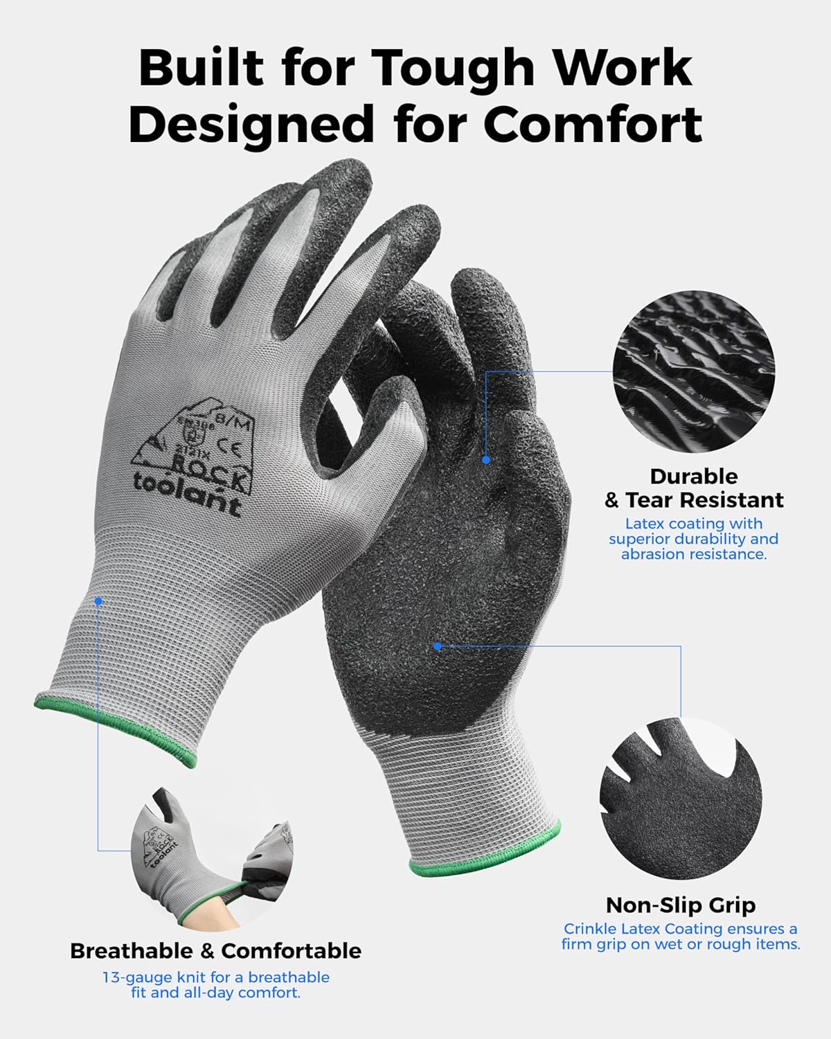 toolant Crinkle Latex Work Gloves Bulk, Rubber Coated Safety Work Gloves for Men and Women, 120 Pairs for Construction, Gardening, Warehouse (Gray, Medium)
