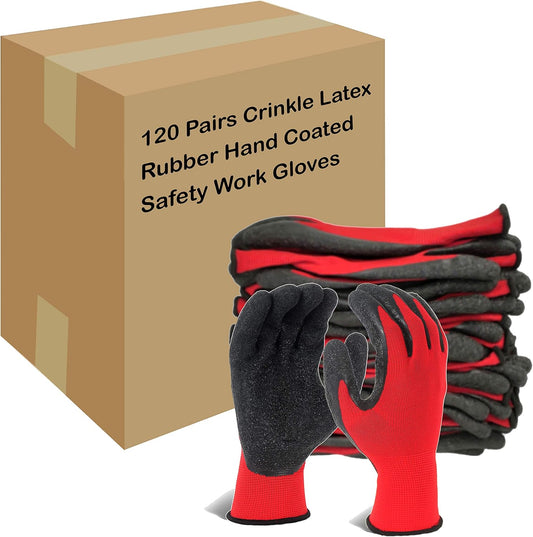 Evridwear Crinkle Latex Rubber Hand Coated Safety Work Gloves for Men Women General Multi Use Construction Warehouse Gardening Assembly Landscaping (L-Size) Red 120 Pairs Pack