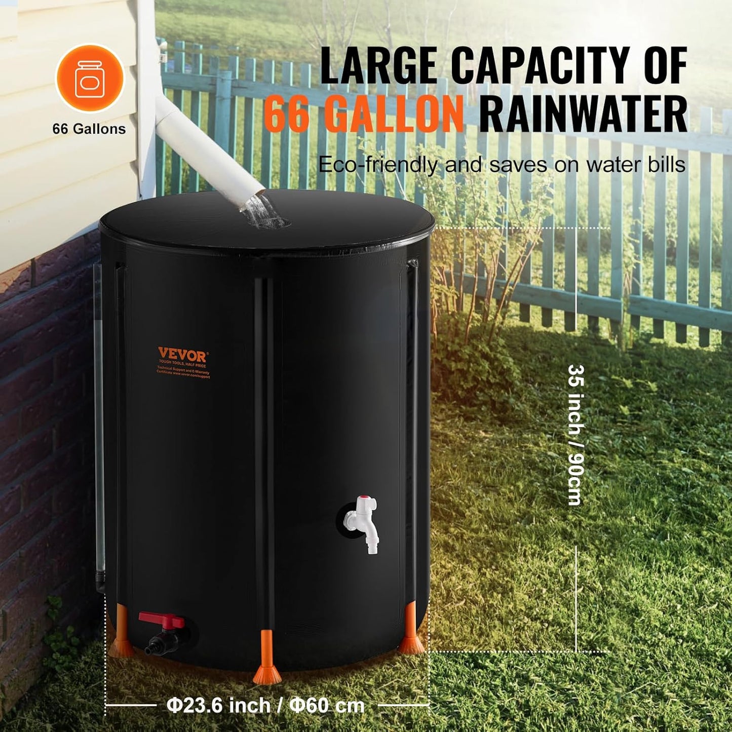 VEVOR Collapsible Rain Barrel, 66 Gallon/250 L Portable Rain Water Collection Barrel, PVC Rainwater Collection System with Spigots and Overflow Kit, Water Barrel for Garden Water Catcher