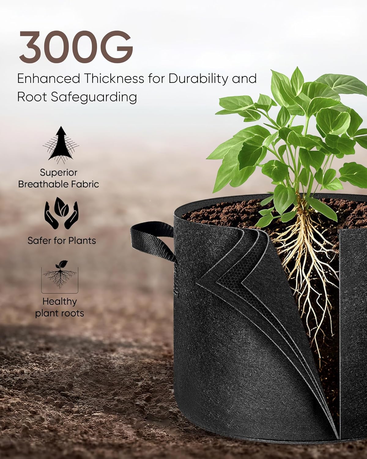 The Growing 5 Pack 20 Gallon Fabric Grow Bags，Thickened Aeration Nonwoven Fabric Plant Pots with Durable Handles,Heavy Duty 300G Planter Pot for Tomato, Fruits, Vegetables and Flowers, Black