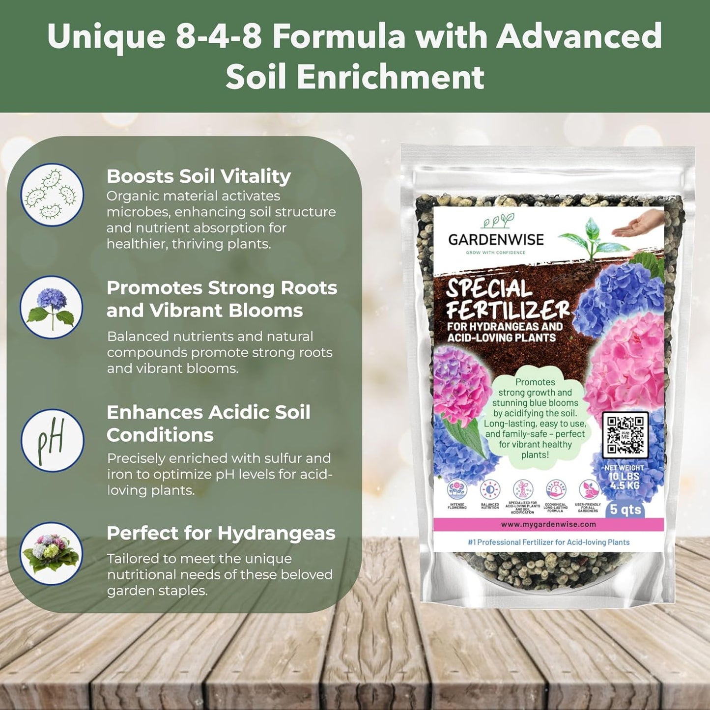 Slow Release Hydrangea Fertilizer with Iron & Sulfur – Indoor & Outdoor Soil Acidifier for Miracle Growth (2 qt)