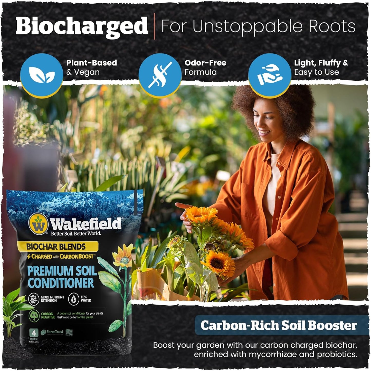 Wakefield Premium Indoor Potting Soil - Professional Biochar & Probiotics with CarbonBoost Technology - Ultimate Organic Potting Mix for Indoor & Outdoor Plants, Succulents & House Plants - 4Quarts