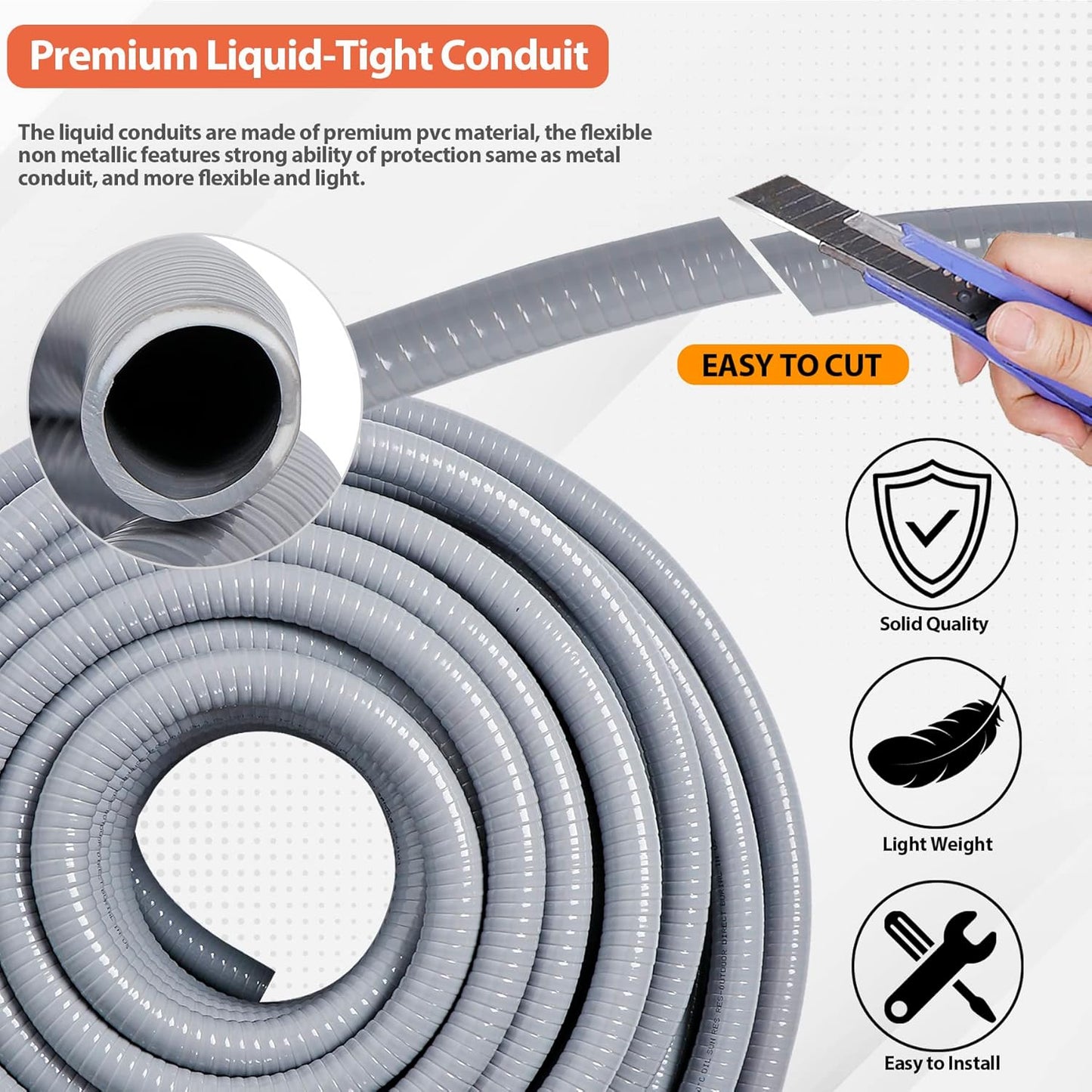 Liquid-Tight Conduit 3/4 25ft, Electrical Conduits w/UL Certification, Flexible Conduit with 5 Straight and 5 90-Degree Conduit Connector Fittings