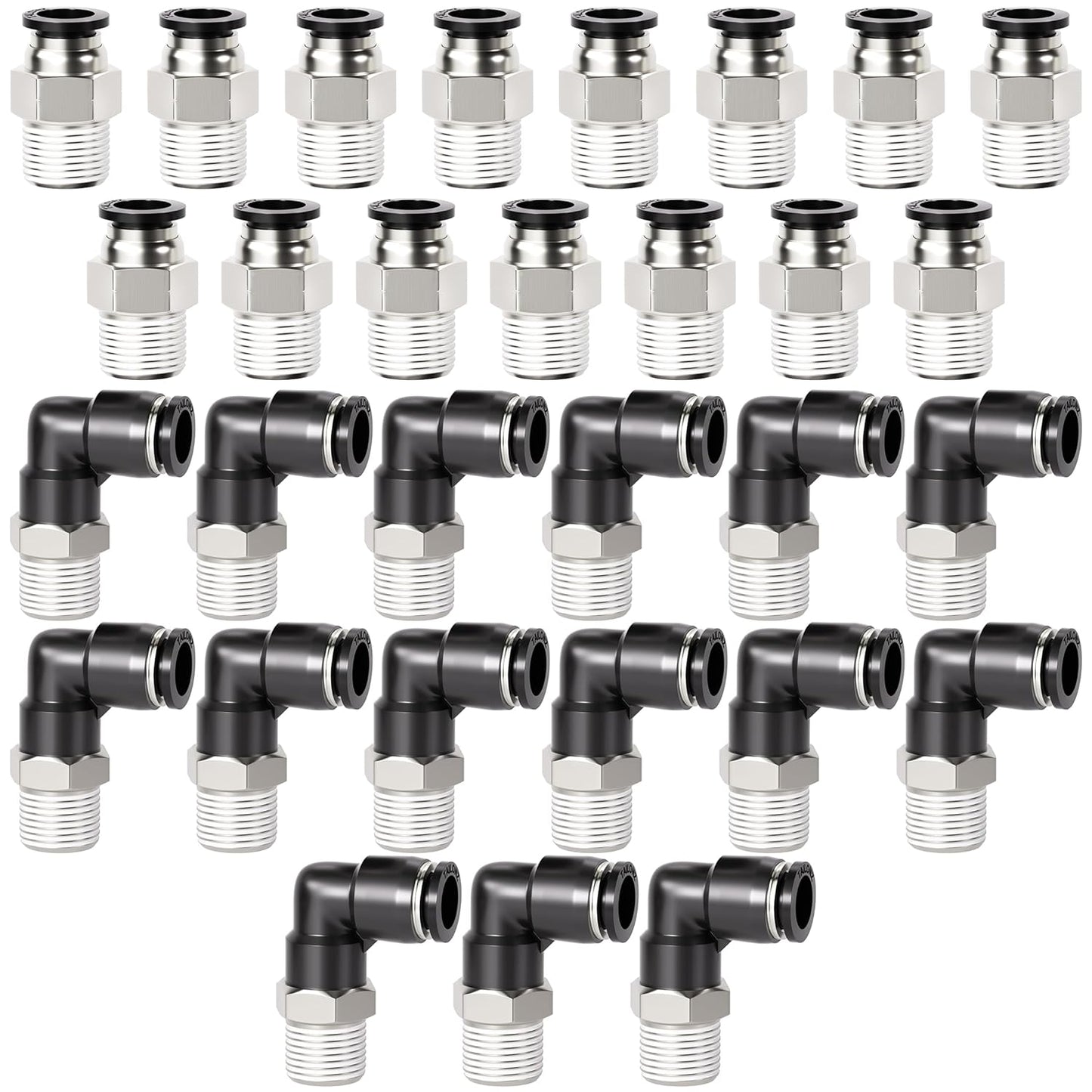 TAILONZ PNEUMATIC Elbow and Straight Combination 1/4 Inch Tube OD x 1/8 Inch NPT Thread Push to Connect Fittings PC-1/4-N1+PL-1/4-N1(Pack of 30)