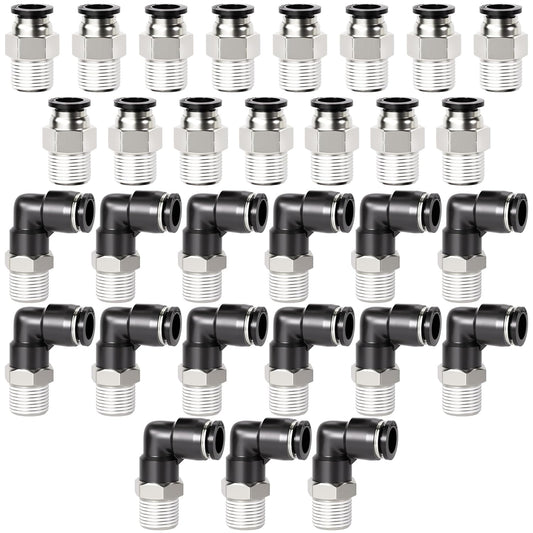 TAILONZ PNEUMATIC Elbow and Straight Combination 1/4 Inch Tube OD x 1/8 Inch NPT Thread Push to Connect Fittings PC-1/4-N1+PL-1/4-N1(Pack of 30)