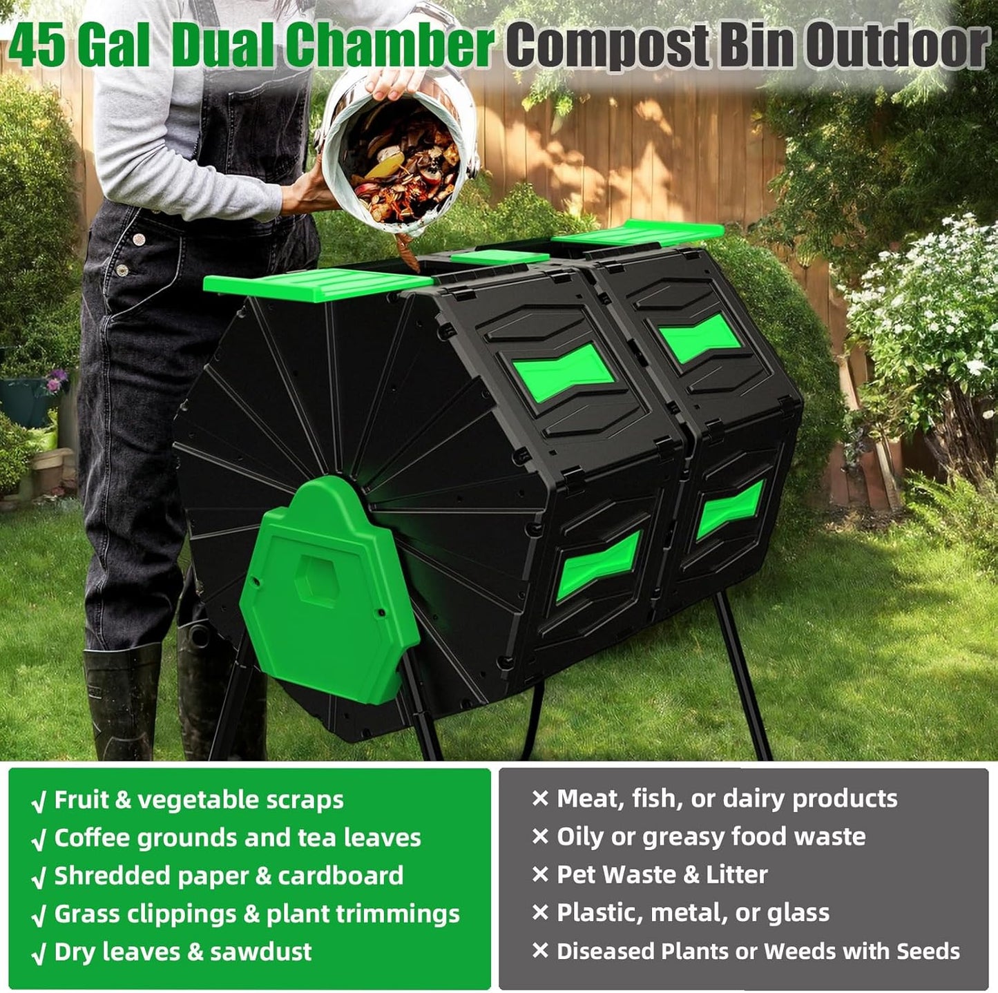 Compost Bin Outdoor, 45Gallon Dual Chamber Composter Large Composting Bin, 360° Rotating Compost Bin, BPA-Free Fast-Working Tumbling Compost Barrel, Kitchen Garden Composter Tumbler (Green)