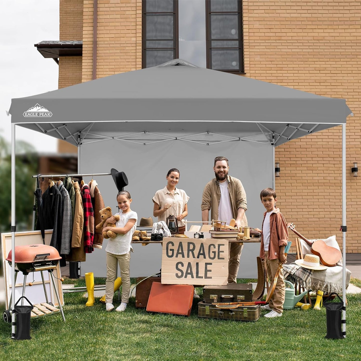 EAGLE PEAK Pop Up Canopy Tent with 1 Sidewall, Easy Setup Event Tent, Outdoor Sun Shade, Wheeled Carry Bag, Stakes and Guy Ropes, Instant Canopy 10x10, Light Gray