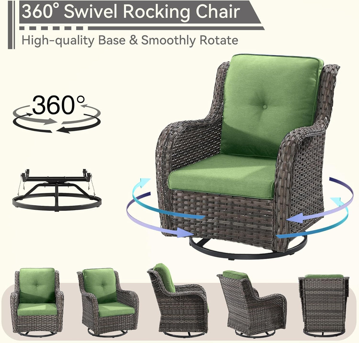 5 Pieces Outdoor Patio Furniture Set - Conversation Set Includes Wicker Swivel Rocker Chairs Set of 2, 2 Ottoman, 3 Seat Sofa, Suitable for Porch, Yard, Mixed Brown Rattan, Green