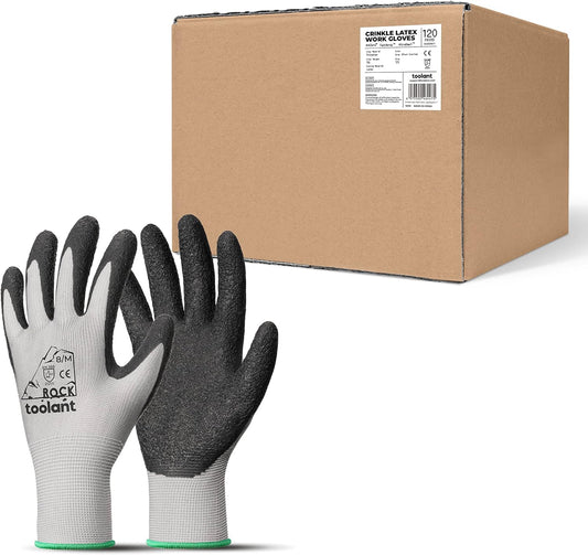 toolant Crinkle Latex Work Gloves Bulk, Rubber Coated Safety Work Gloves for Men and Women, 120 Pairs for Construction, Gardening, Warehouse (Gray, Medium)