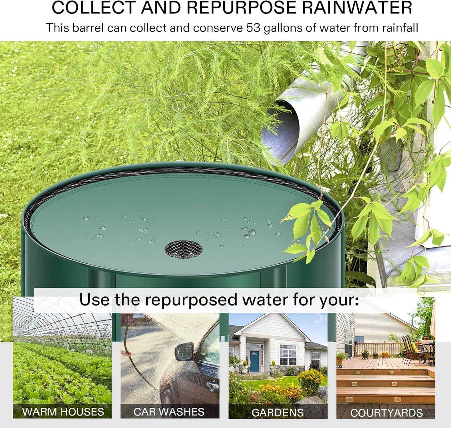 VIVOSUN Collapsible Rain Barrel, 53 Gallon with 1000D Oxford Cloth, Portable Rain Collection System, Water Barrel Collector w/Filter Spigot, Green