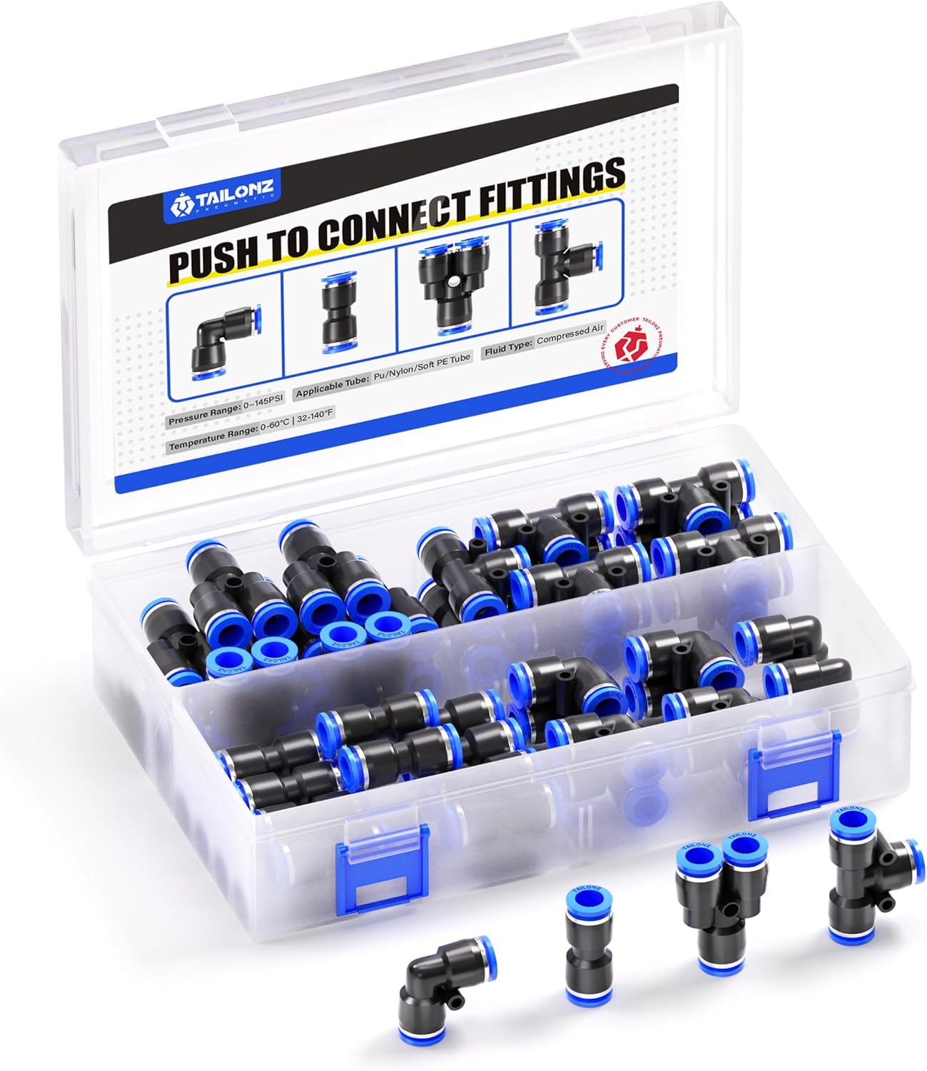 TAILONZ PNEUMATIC 1/8 Inch od Push to Connect Fittings Pneumatic Fittings Kit 10 Spliters+10 Elbows+10 tee+10 Straight (40 pcs)