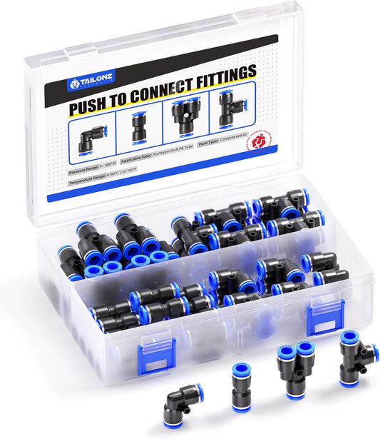 TAILONZ PNEUMATIC 1/8 Inch od Push to Connect Fittings Pneumatic Fittings Kit 10 Spliters+10 Elbows+10 tee+10 Straight (40 pcs)
