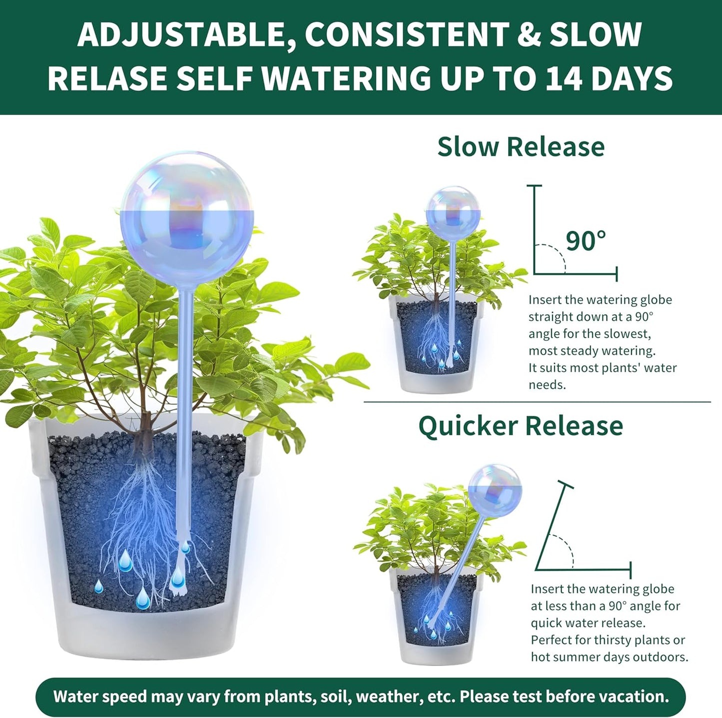 13 oz Up 2 Weeks Extra Large Plant Watering Globes, Iridescent Rainbow Glass Water Bulbs, Self Watering Planter Insert, Vacation Plant Watering Devices System, Automatic Plant Waterer, 2 Pack