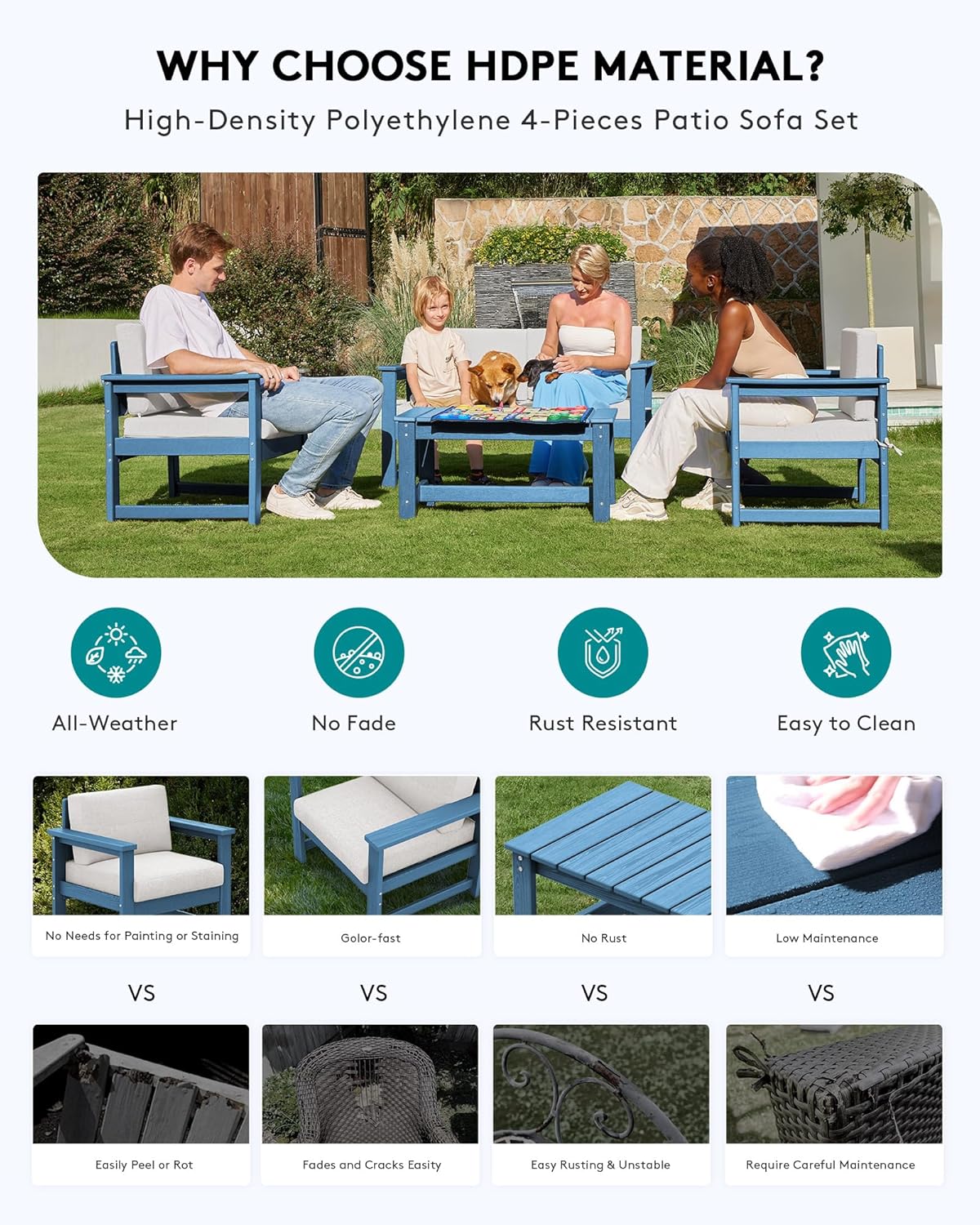 SERWALL 3 Pieces HDPE Outdoor Sofa Bistro Set with Cushion, Patio Outdoor Furniture Sofa Sets with Porch Chairs and Coffee Table, Blue Frame/Khaki Cushion