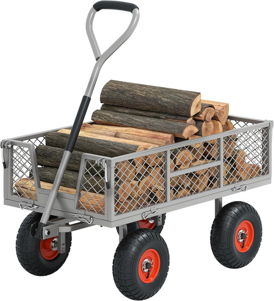 Heavy Duty 900 lbs Capacity Mesh Steel Garden Cart - 10" Pneumatic Tires, 180° Rotating Handle, Removable Sides, 4 CU'FT Utility Wagon for Yard & Garden