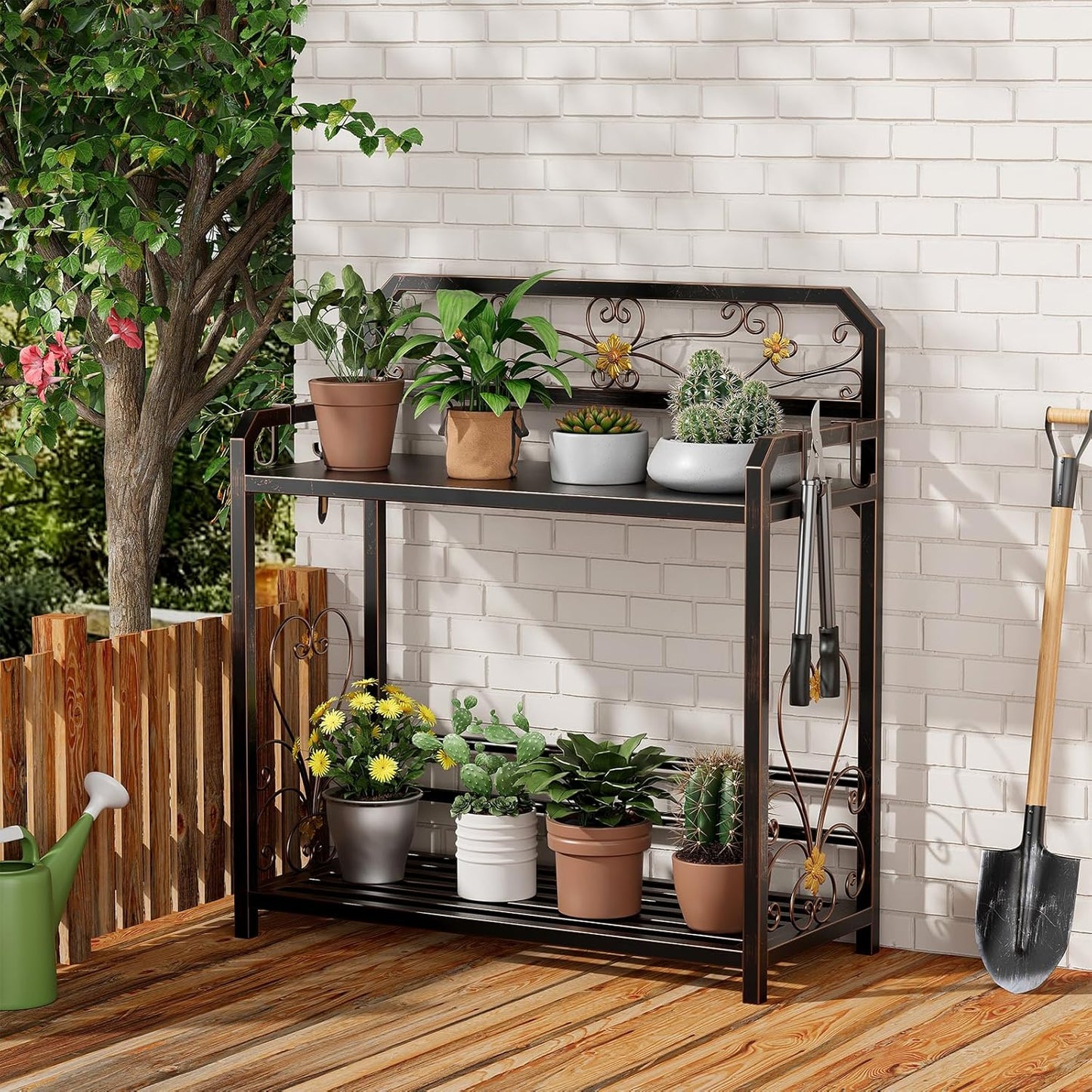 Potting Bench, Outdoor Potting Table with 4 Side Hooks, All-Weather Gardening Table Work Station, Outside Garden Workbench, 505lbs Capacity, 18" D x 39" W x 44" H, Distressed Vintage Black