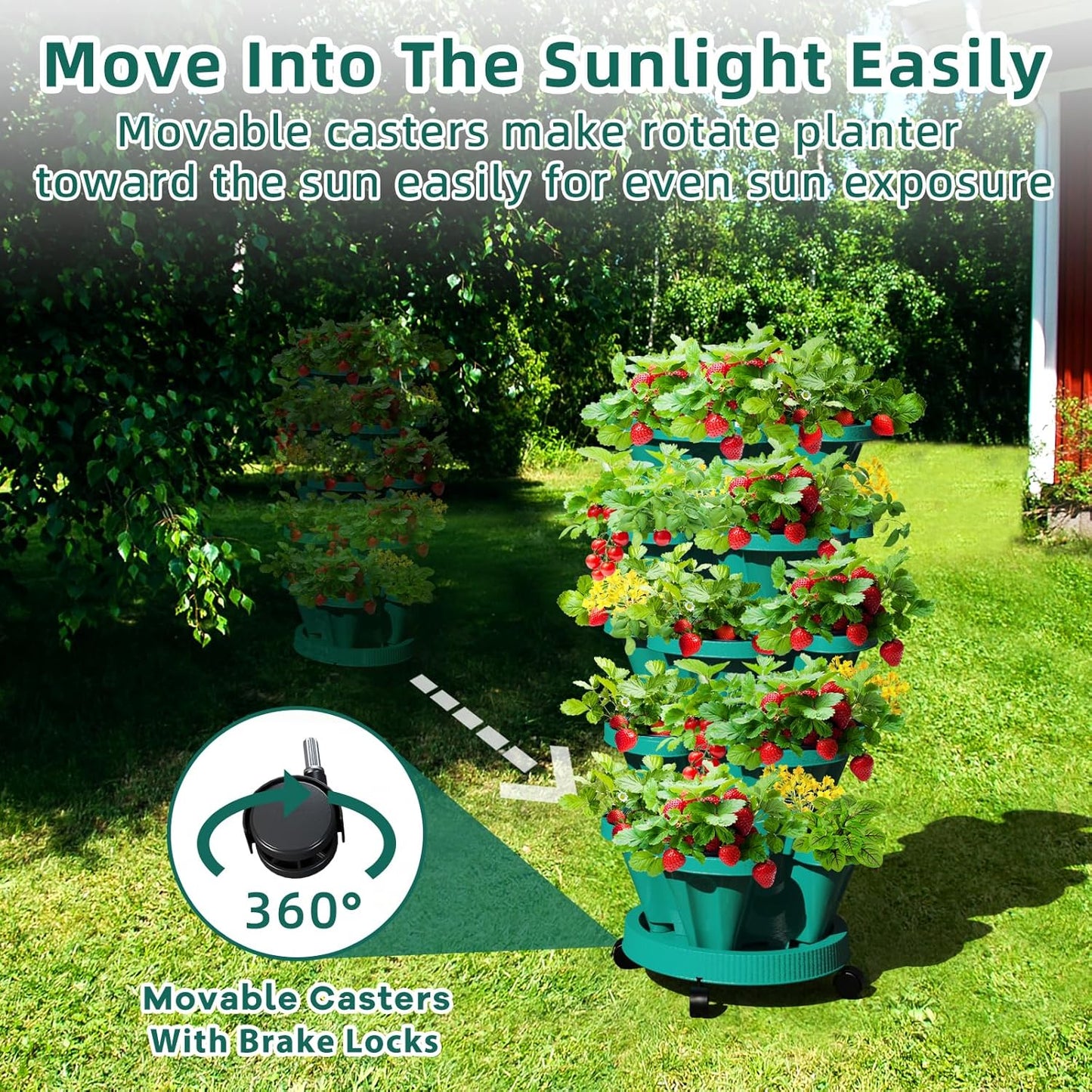 Strawberry Vertical Planters Tower Garden, 7 Tiered Stacking Herb Vegetable Planter with Support Pole Indoor and Outdoor - Hunter Green
