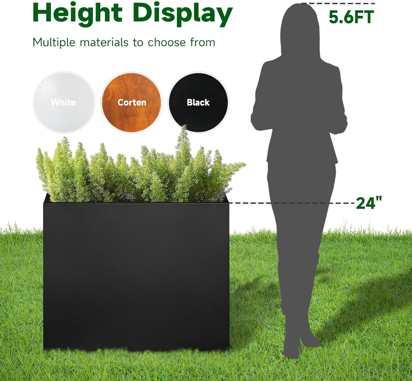 Galvanized Steel Metallic Heavy Planter for Outdoor Plants Metal Outdoor Planter Spliced Flower Box with Partitions for Outside,Indoor,Garden (Black, 24 * 12 * 24)