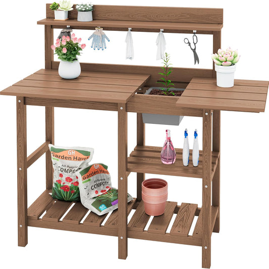 SERWALL Potting Bench Outdoor Potting Table with Sink, HDPE Potting Benches for Outside Gardening Table All Weather Use- Brown