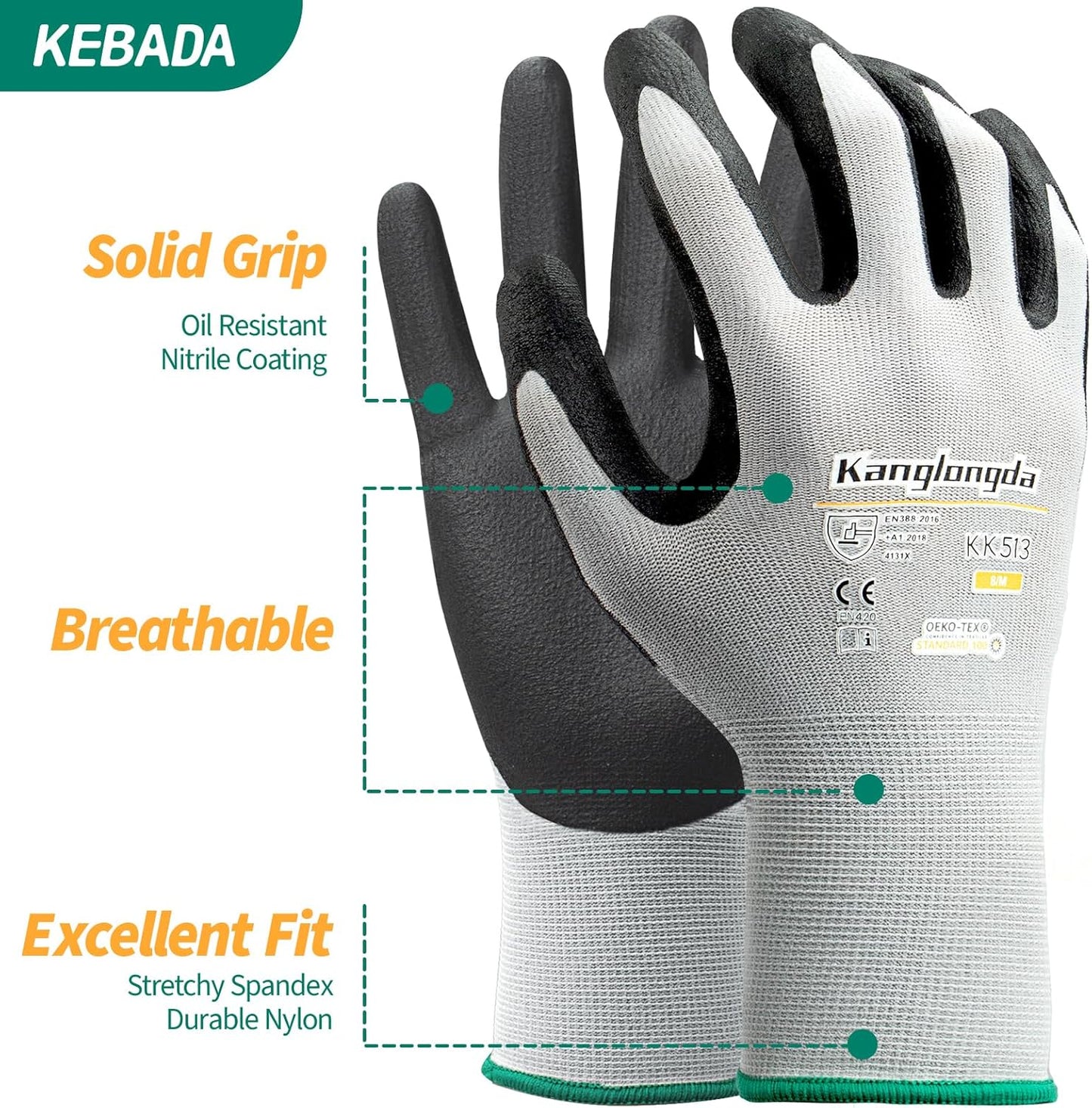 3-Paris Medium Work Gloves for Men and Women, Nitrile Coated Safety Protective Gloves with Grip, Ideal for Gardening, Warehouse, Mechanic, Light Duty Construction Work