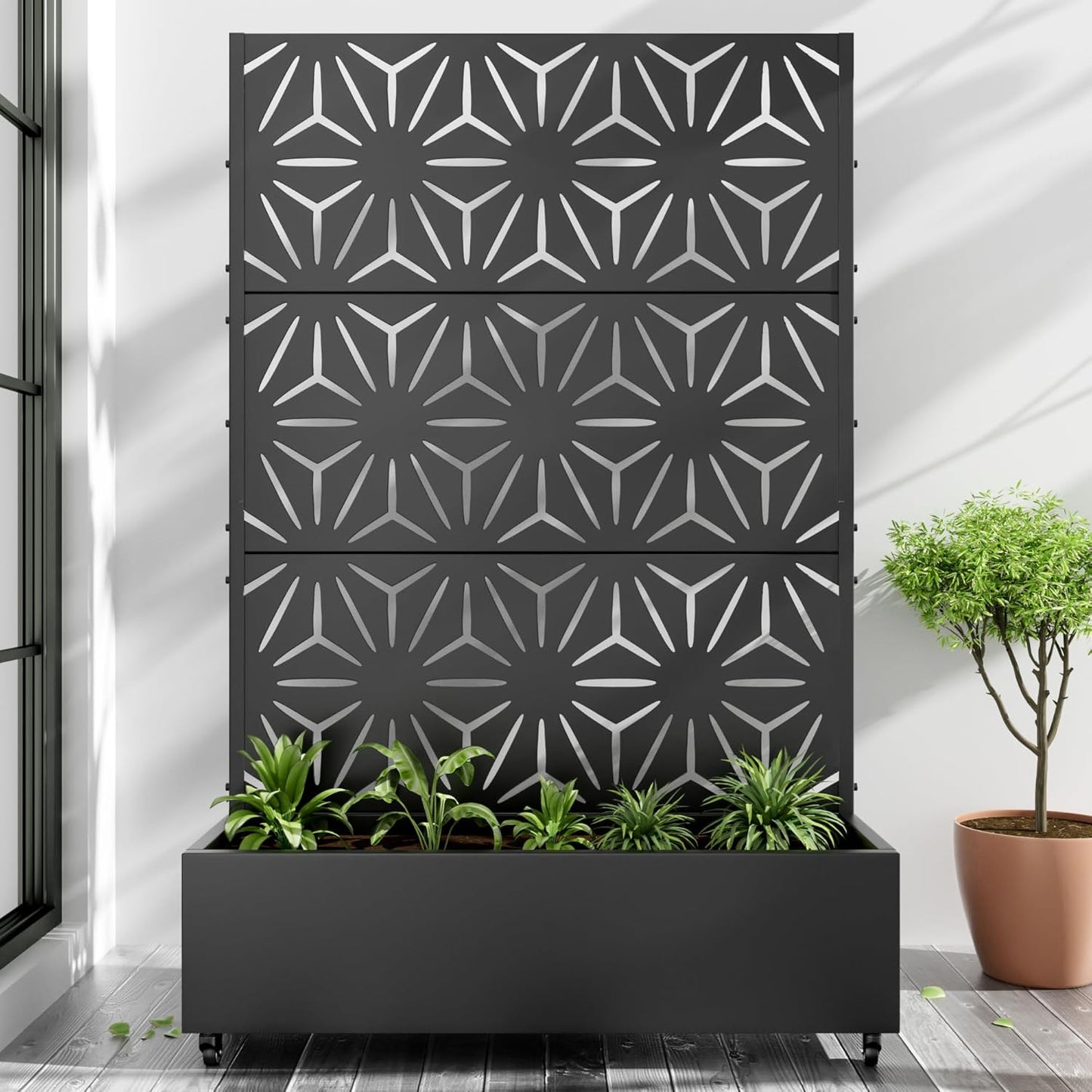 Lumioca 71"x47"x16" Metal Raised Garden Bed with Trellis, Trellis with Planter Box for Backyard Patio Balcony Climbing Plants, Black Star