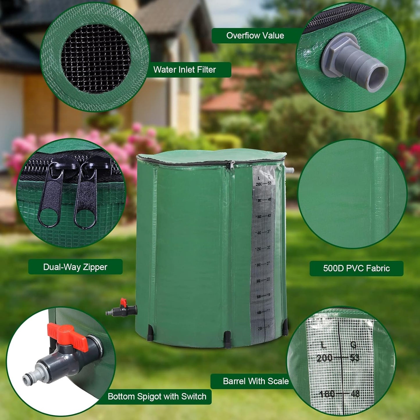 50 Gallon Collapsible Rain Barrel, Rain Catcher Barrel, Portable Rainwater Collection System with Volume Scale Mark, Spigots and Overflow Kit, Rain Water Barrel Collector for Garden, Green