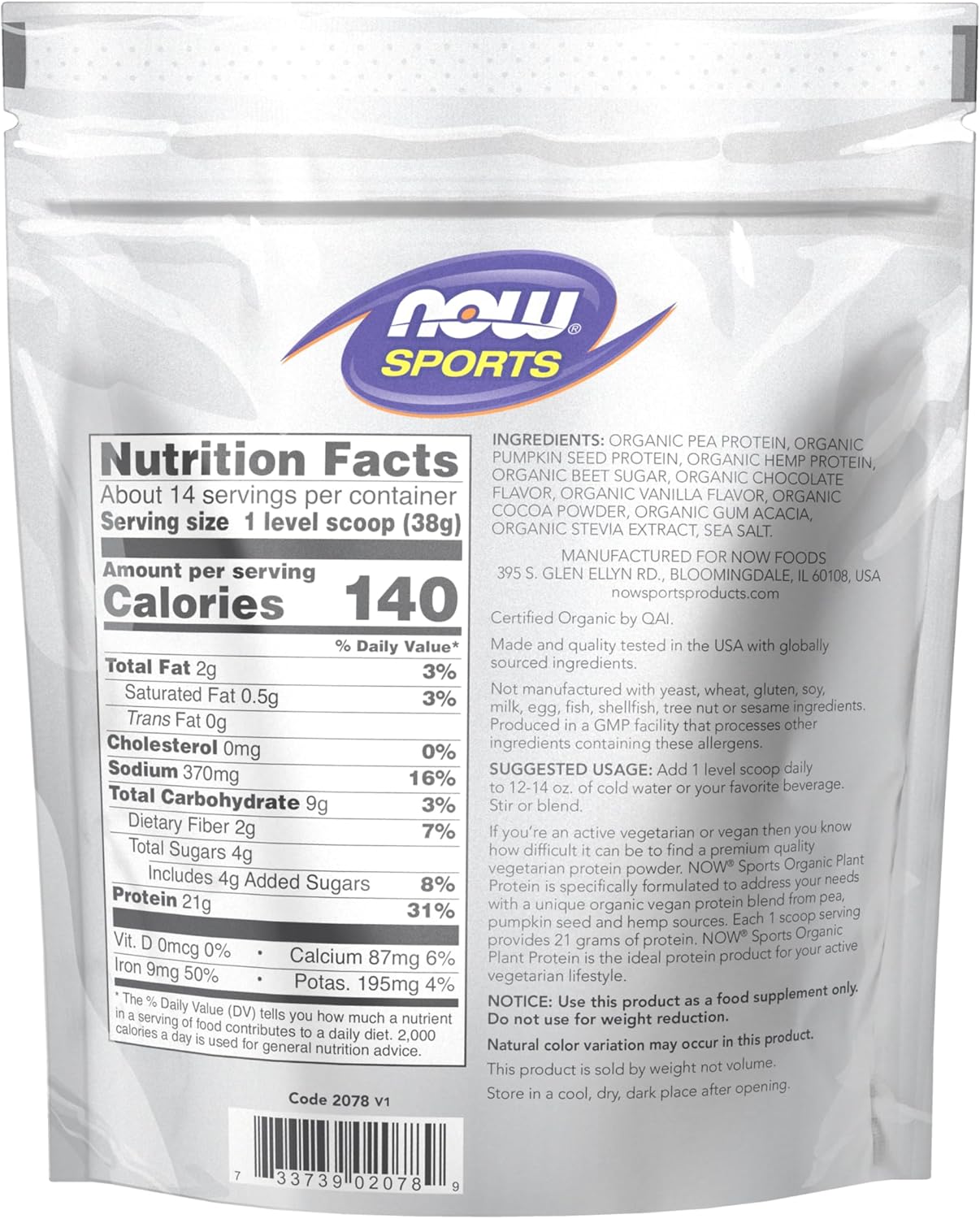 NOW Foods Sports Organic Plant Protein, Chocolate Flavor, Vegan Powder, 1 lb. (Pack of 2)