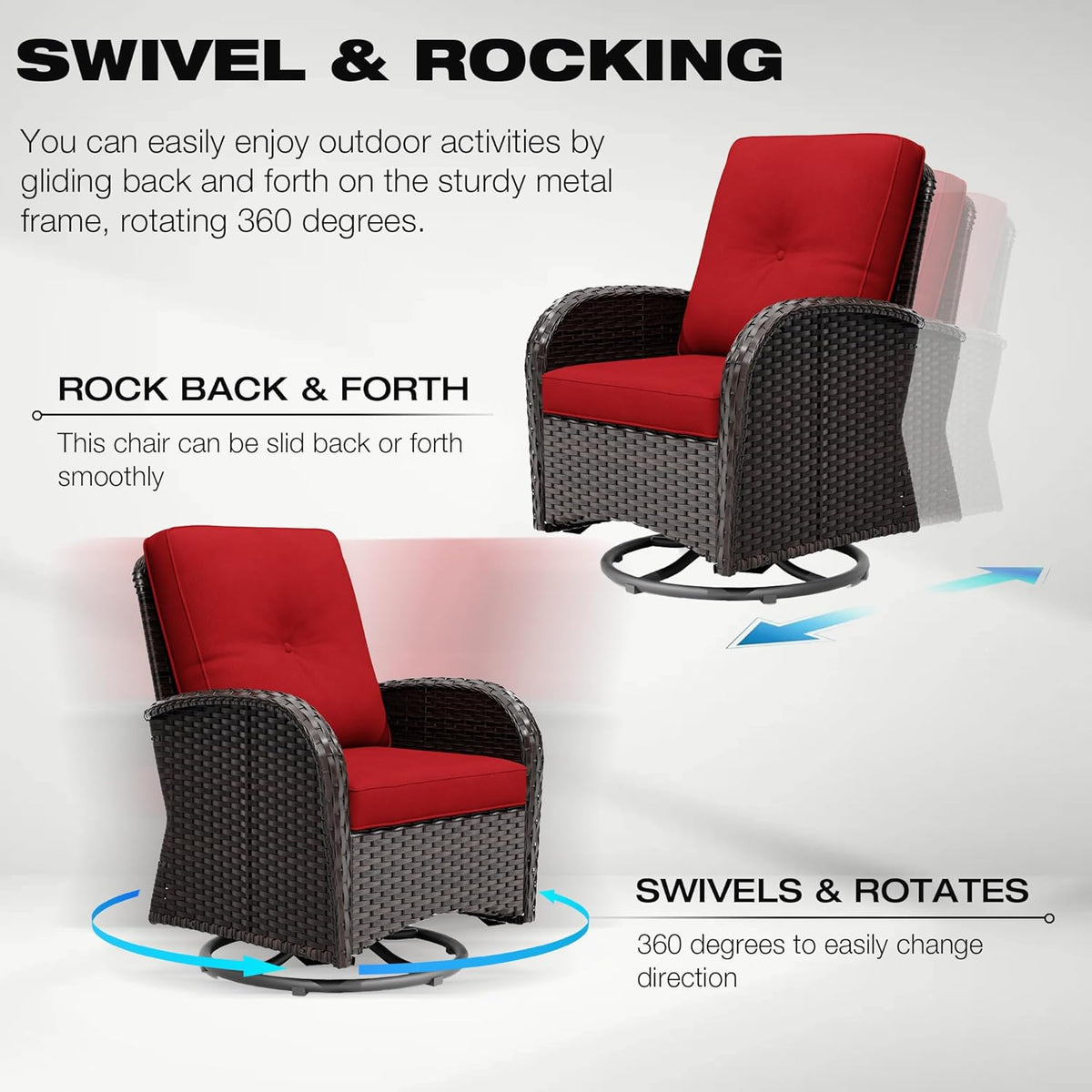 Joyside 10 Piece Patio Furniture Set, Outdoor Wicker Conversation Sets with Swivel Rocker Chairs and Sofa, Thick Cushion, Rattan Patio Sectional for Porch, Deck Use (Brown/Red, 10 PCS)