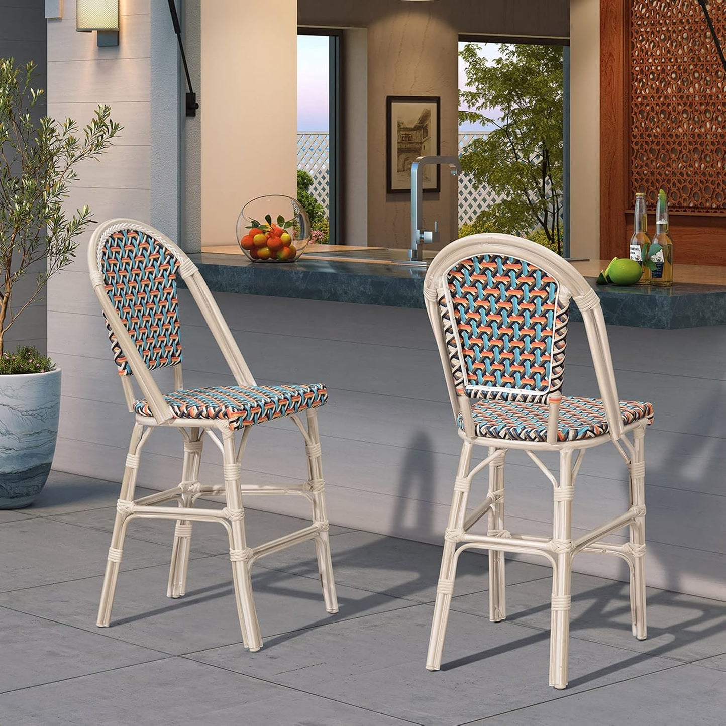 PURPLE LEAF French Counter Height Bar Stool Set of 2 25" White Print Finish Patio Bar Chairs with Back Rattan Bar Chairs French Bistro Set for Kitchen Outdoor Counter Stool Colorful