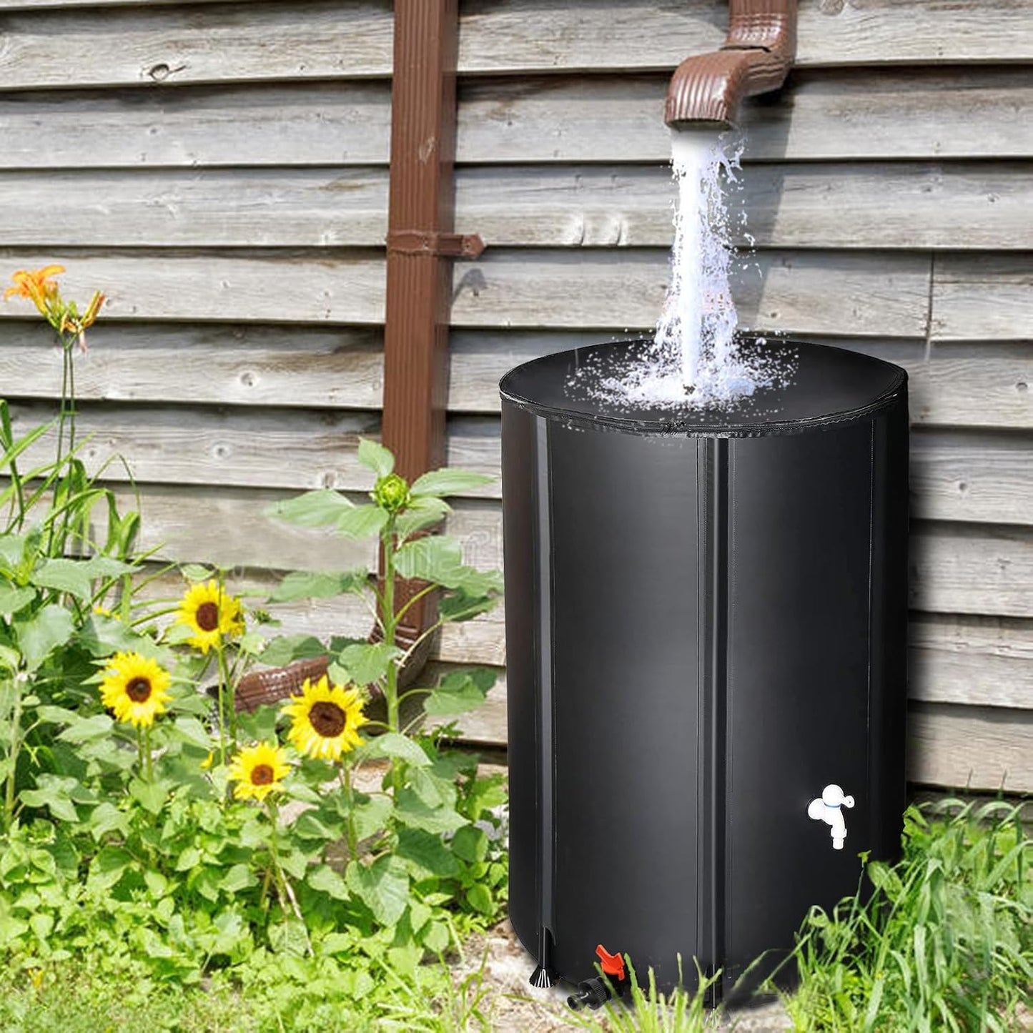 100 Gallon Collapsible Rain Barrel, Portable Rainwater Collection System, Rain Catcher Barrel, Water Storage Tank with Two Spigots and Overflow Kit, Rain Water Barrel Collector for Garden, Black