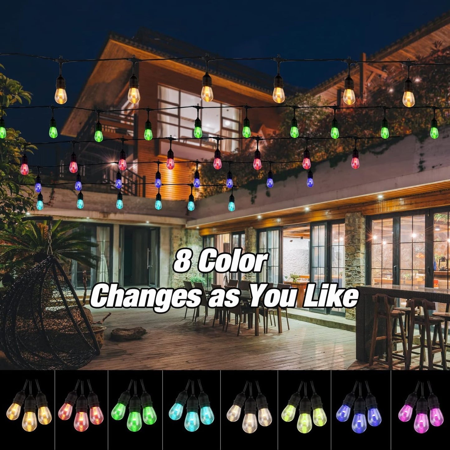 Auroraworld RGB Outdoor String Lights, 24FT Dimmable Patio String Lights for Patio