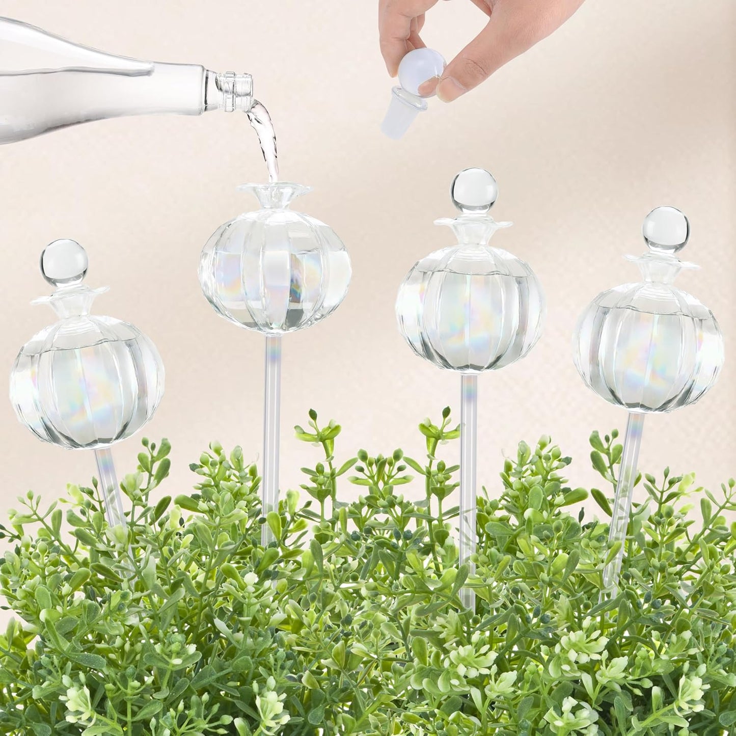 10 oz Large Top Fill Cactus Plant Watering Globes, Light Iridescent Glass Water Bulbs, Slow Release Self Watering Devices, Vacation Plant Watering System Self Watering Planter Insert, 4 Pack