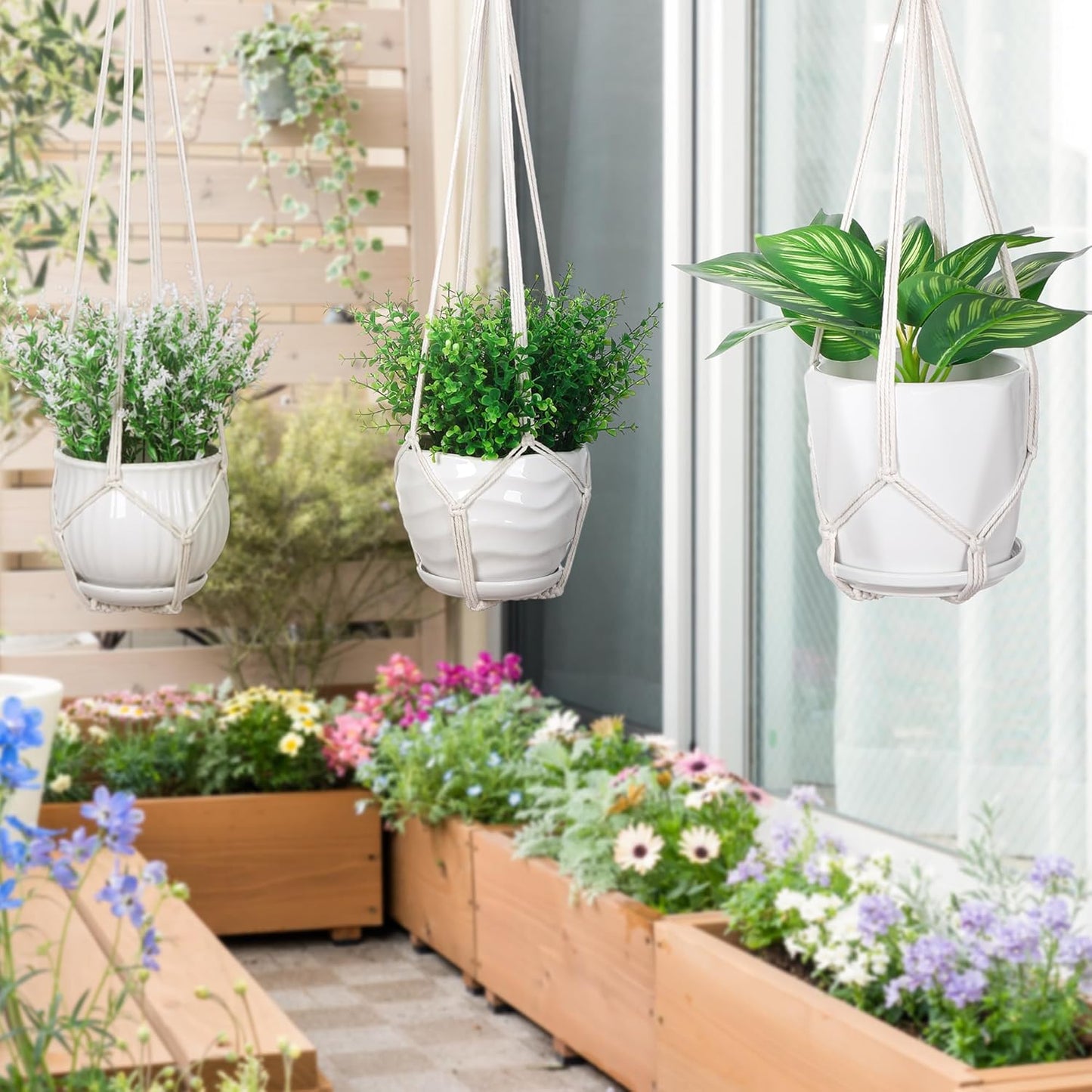 YIBOT 3 Pack Macrame Plant Hanger Indoor Hanging Planter Basket with 3 Hooks, 35"/29"/23" Crochet Plant Holder Stand No Tassels for Indoor Outdoor Boho Home Decor, Ivory (POTS NOT Included)