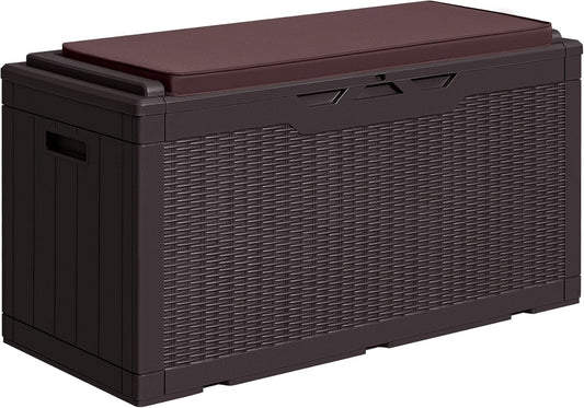 Greesum 100 Gallon Resin Deck Box Large Outdoor Storage with Cushions for Patio Furniture, Garden Tools, Pool Supplies, Weatherproof and UV Resistant, Lockable, Dark Brown