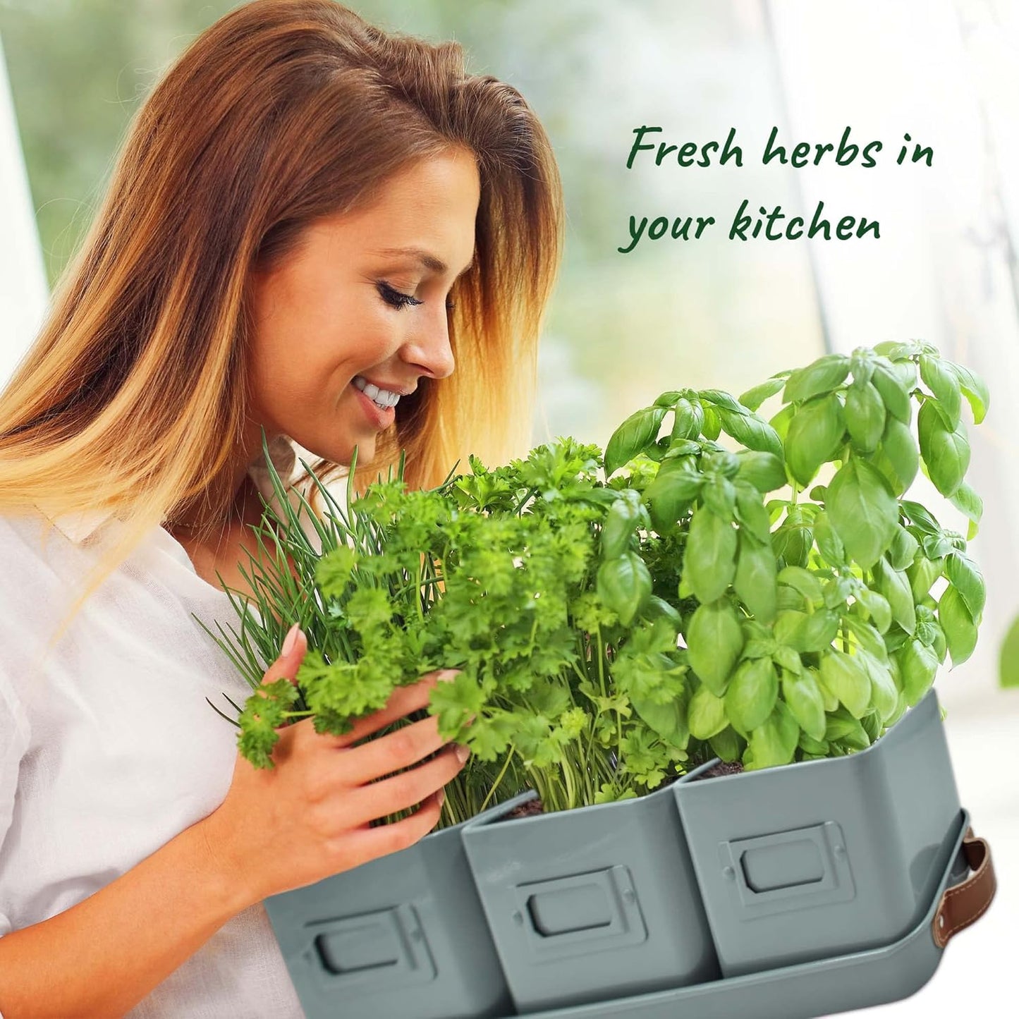Herb Planter Indoor - Set of 3 Grey Indoor Herb Garden Pots for Plants with Leather Handled Tray - Window Sill Plant Shelf - Herb Pots with Drainage Holes and Labels