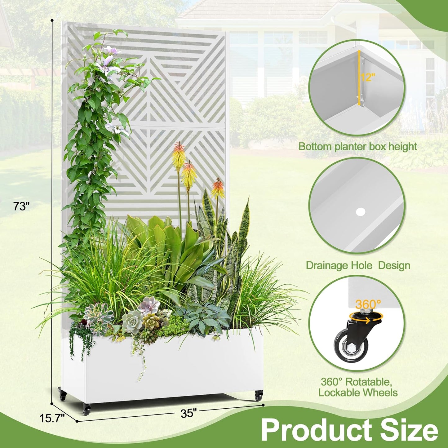 Raised Garden Bed with Trellis and Wheels,73"x35"x16" Metal Raised Garden Bed,White Diamond Metal Planter with Climbing Trellis for Vines & Vegetables