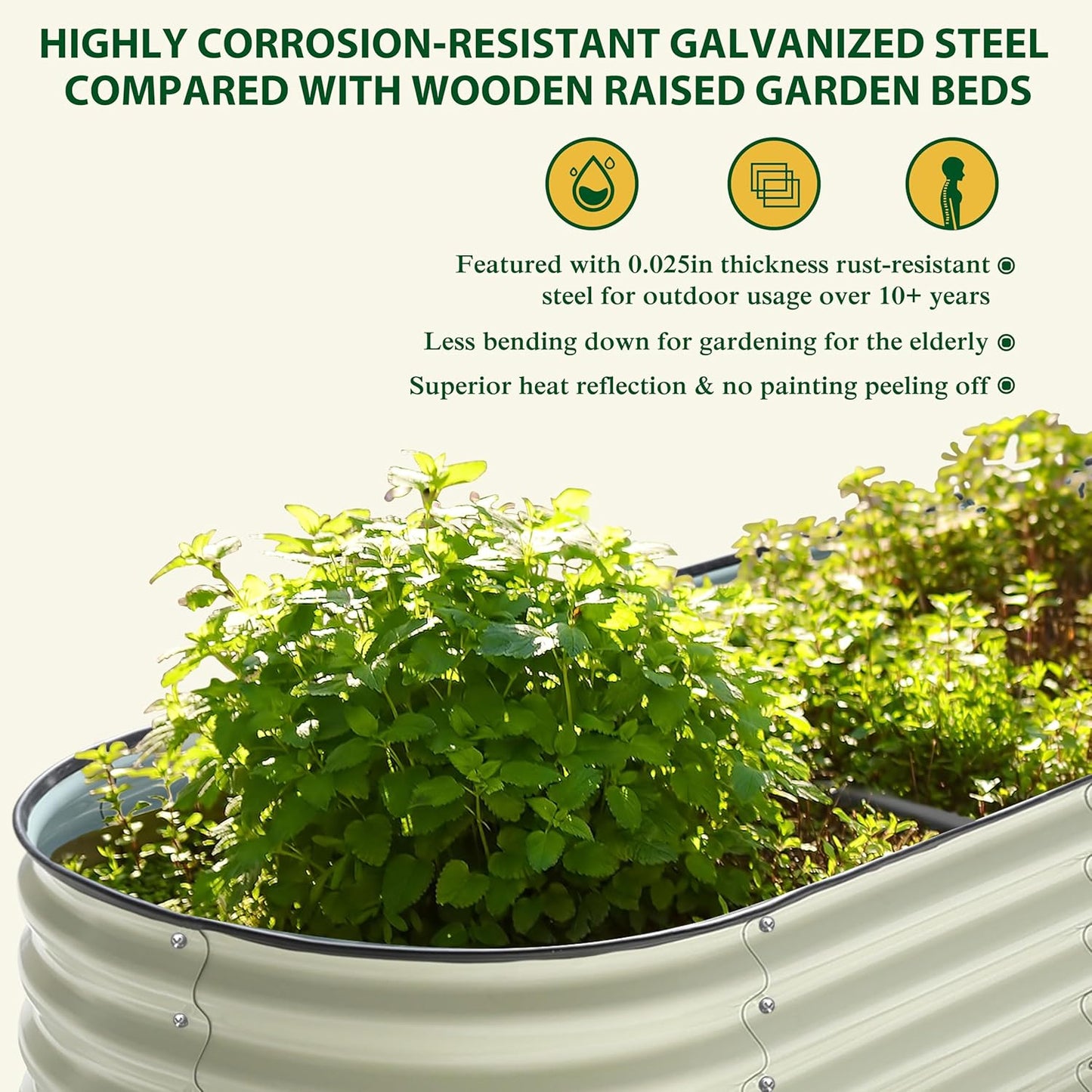 MUPATER Galvanized Raised Garden Bed 8x2x2ft, 9-in-1 Metal Raised Planter Box with 2 Aluminum Support Rods, Oval Outdoor Raised Garden Bed for Vegetable, Flower, Backyard and Patio, Cream White