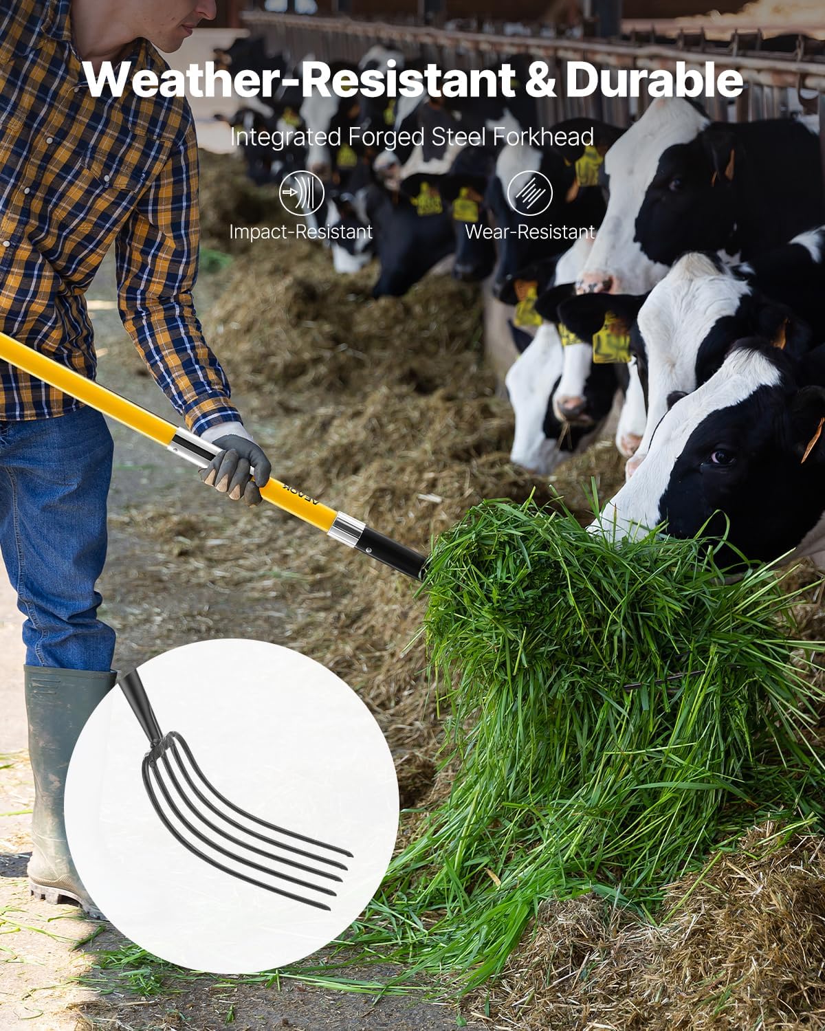 VEVOR Garden Fork, 5-Tine Gardening Pitchfork with Fiberglass Handle, 57 in Heavy Duty Digging Fork with Y Grip, Forged Steel Spading Fork for Hay Potato Composting Transplanting Aeration