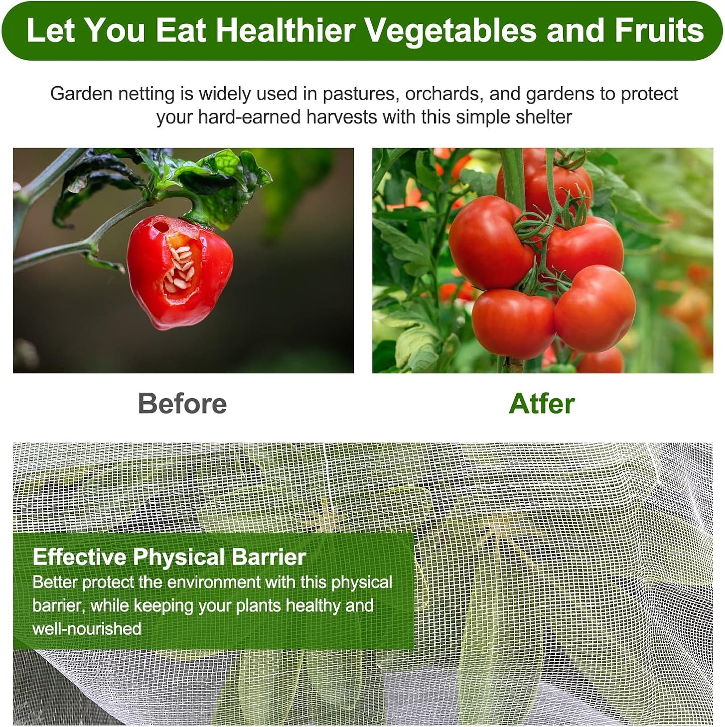 Garden Netting, Jevrench Durable Ultra Fine Garden Netting, Garden Plant Cover Row Cover Makes Plants, Vegetables, Fruits, and Flowers Grow Better (4ft x 10ft)