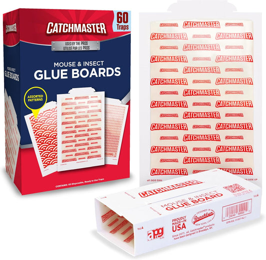 Catchmaster Pro Strength Mouse & Insect Glue Boards 60pk Traps Indoor for Home, Adhesive Bug Catcher, Rat & Rodent Sticky Trap, Non Toxic Bulk Pre-Baited Glue Traps, Pet Safe House Pest Control