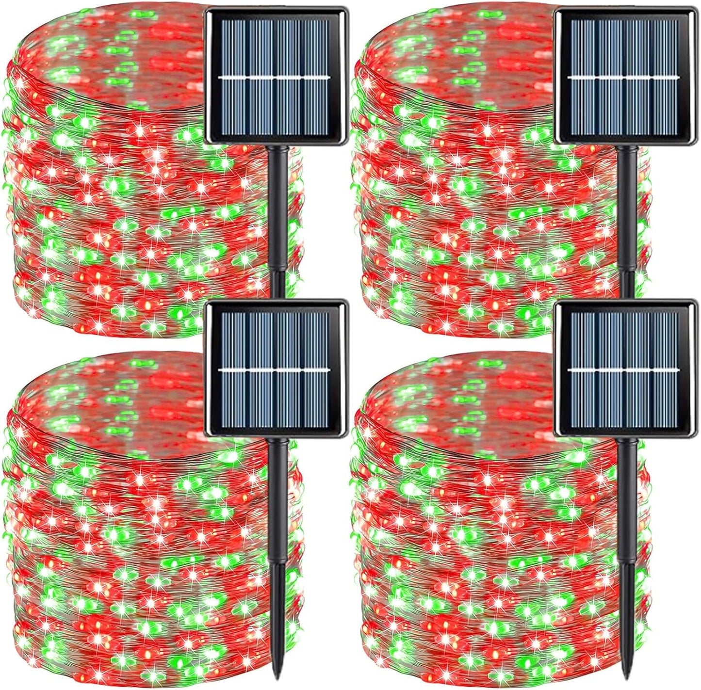YEGUO Solar Fairy Lights Outdoor Waterproof, 4 Pack Each 33ft 100 LED String Lights, 8 Modes Silver Wire(Green and Red)