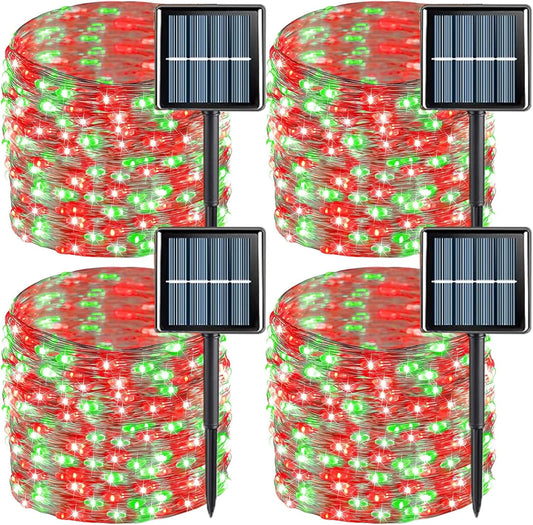 YEGUO Solar Fairy Lights Outdoor Waterproof, 4 Pack Each 33ft 100 LED String Lights, 8 Modes Silver Wire(Green and Red)