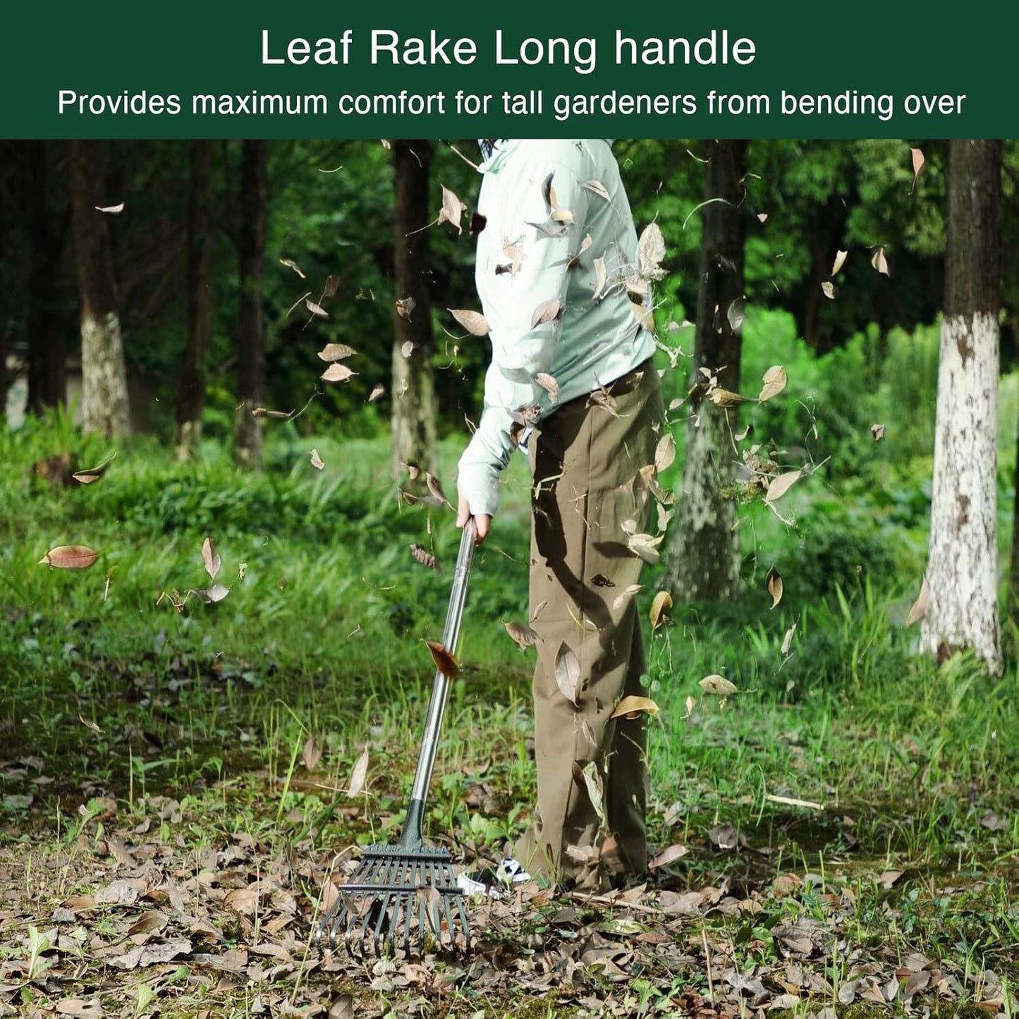 Small Graden Rake - 8 inch Width Metal Leaf Rake for Gardening, Yard, Flower Beds, Mulch, Shrub Long Handle, 6ft