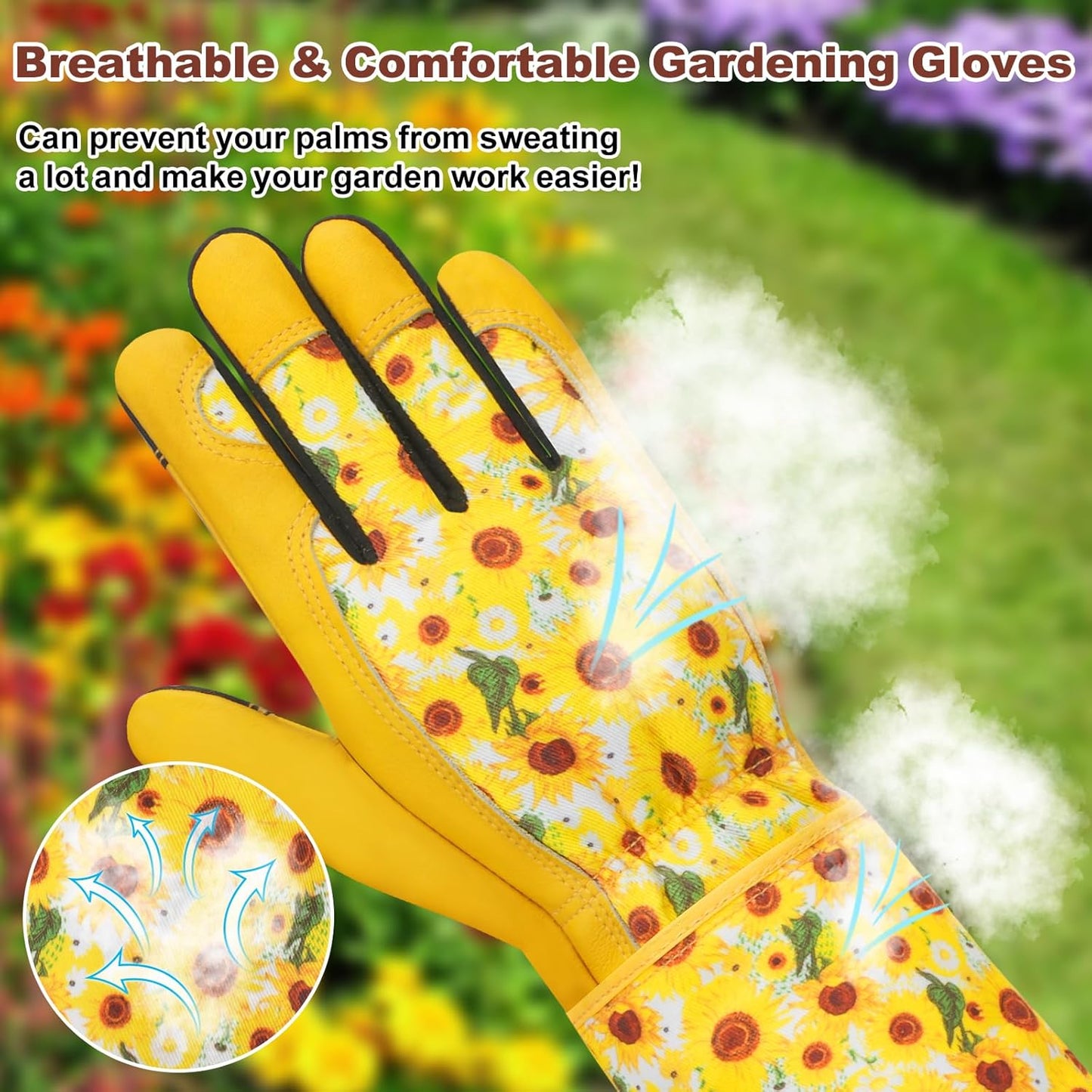 DLY Gardening Gloves for Women, Rose Gloves Gardening Thorn Proof, Long Garden Gloves for Women, Breathable Cowhide Leather Gauntlet (Large, Yellow