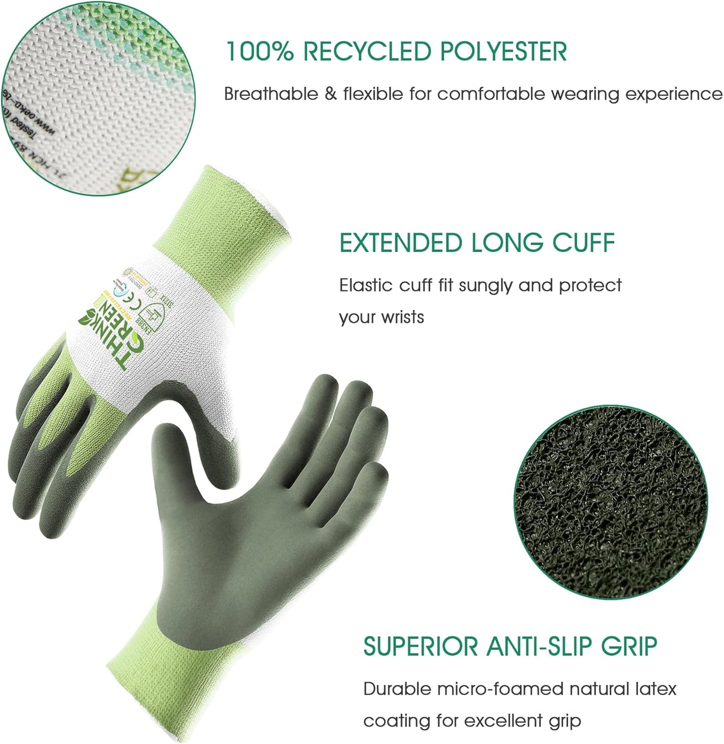COOLJOB 3 Pairs Gardening Gloves for Women Men, 100% Recycled Polyester with Rubber Coated for Garden Patio Yard Lawn Work, Green, White & Grey, Medium Size