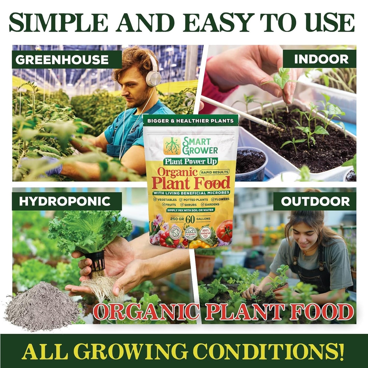Organic Plant Food with Beneficial Microbes, Fast Acting Vegan Fertilizer for Vegetable Garden, Outdoor & Indoor Plant Fertilizer, Miracle Growth for Plants Concentrated 250GR 2-Pack Makes 60 Gallons