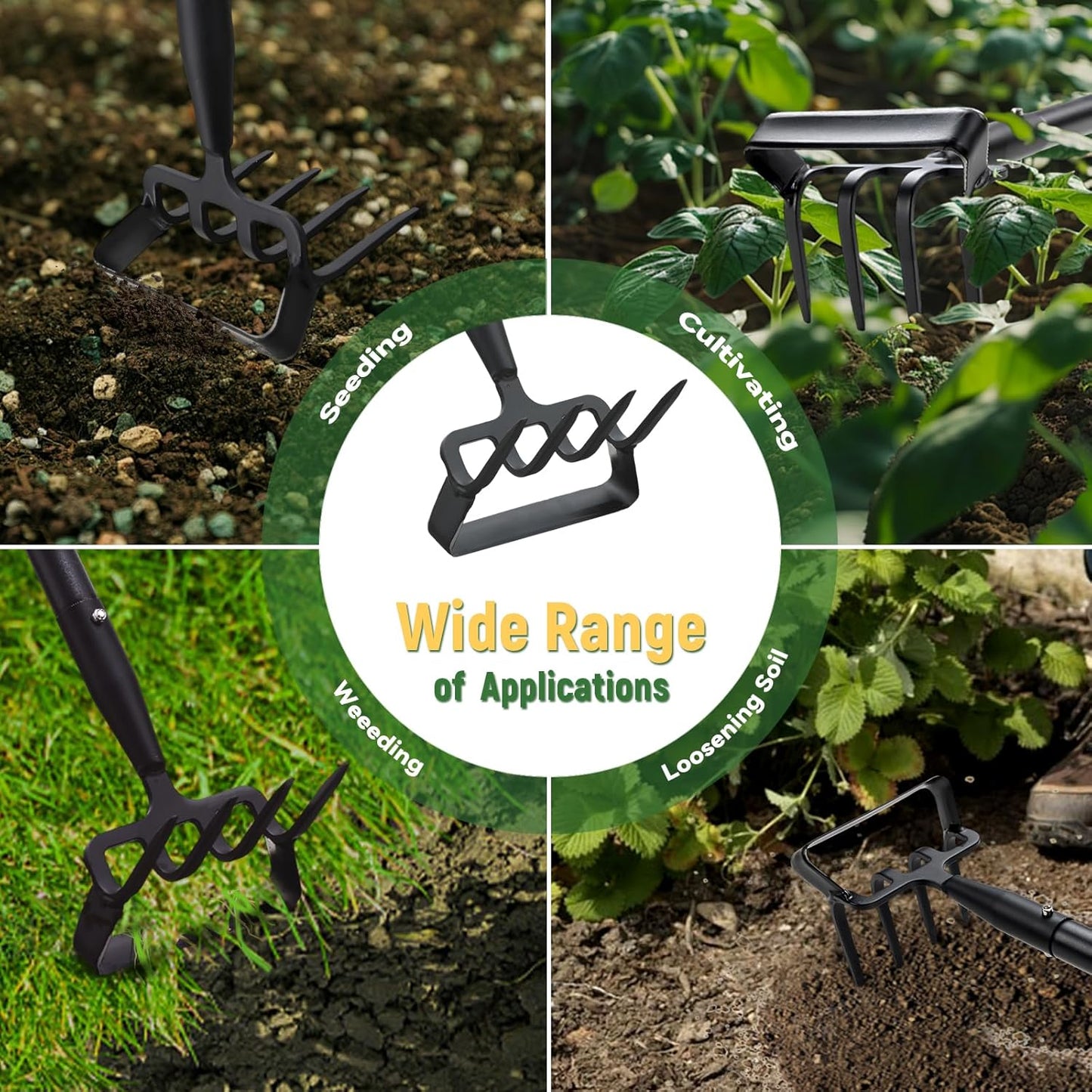 Stirrup Hoe, Heavy Duty Hula Hoe with 32-72" Adjustable Long Handle, 2 in 1 Action Hoe with Cultivator Rake, Scuffle Hoe, Hula Hoe Garden Tool for Weeding Grass, Loosening Soil, Sharp Blade, Black